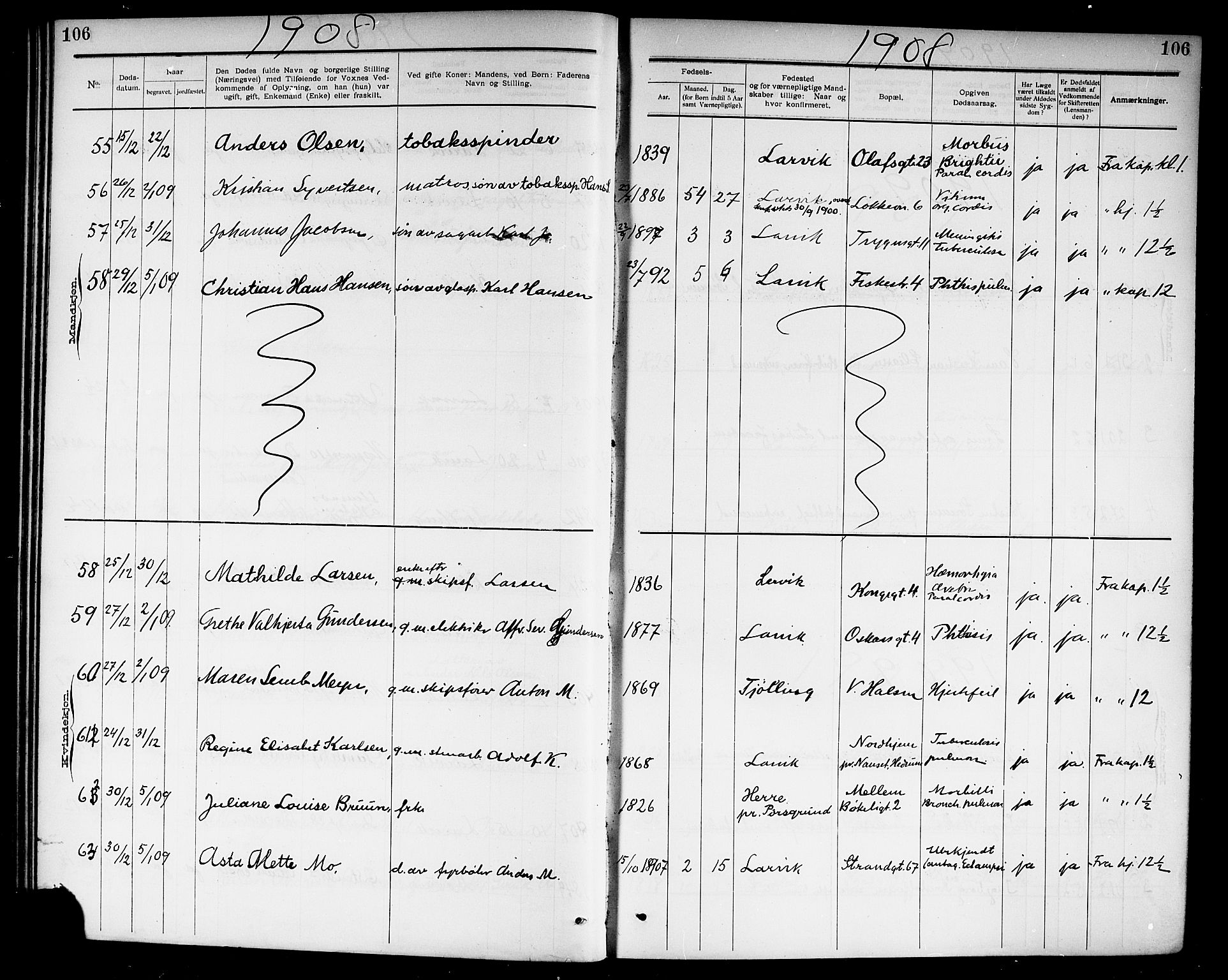 Larvik kirkebøker, SAKO/A-352/G/Ga/L0007: Parish register (copy) no. I 7, 1888-1918, p. 106