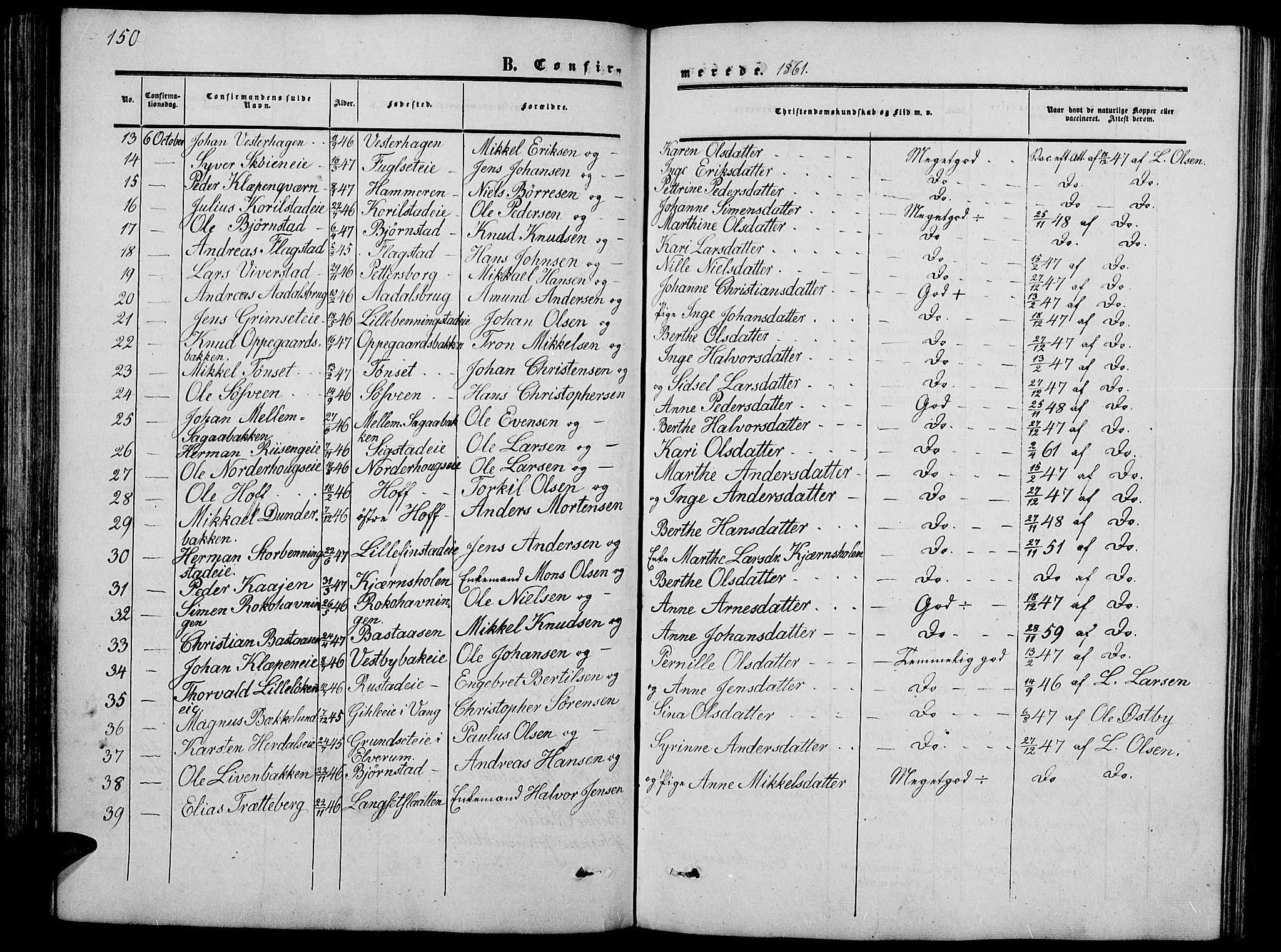 Løten prestekontor, SAH/PREST-022/L/La/L0003: Parish register (copy) no. 3, 1850-1862, p. 150