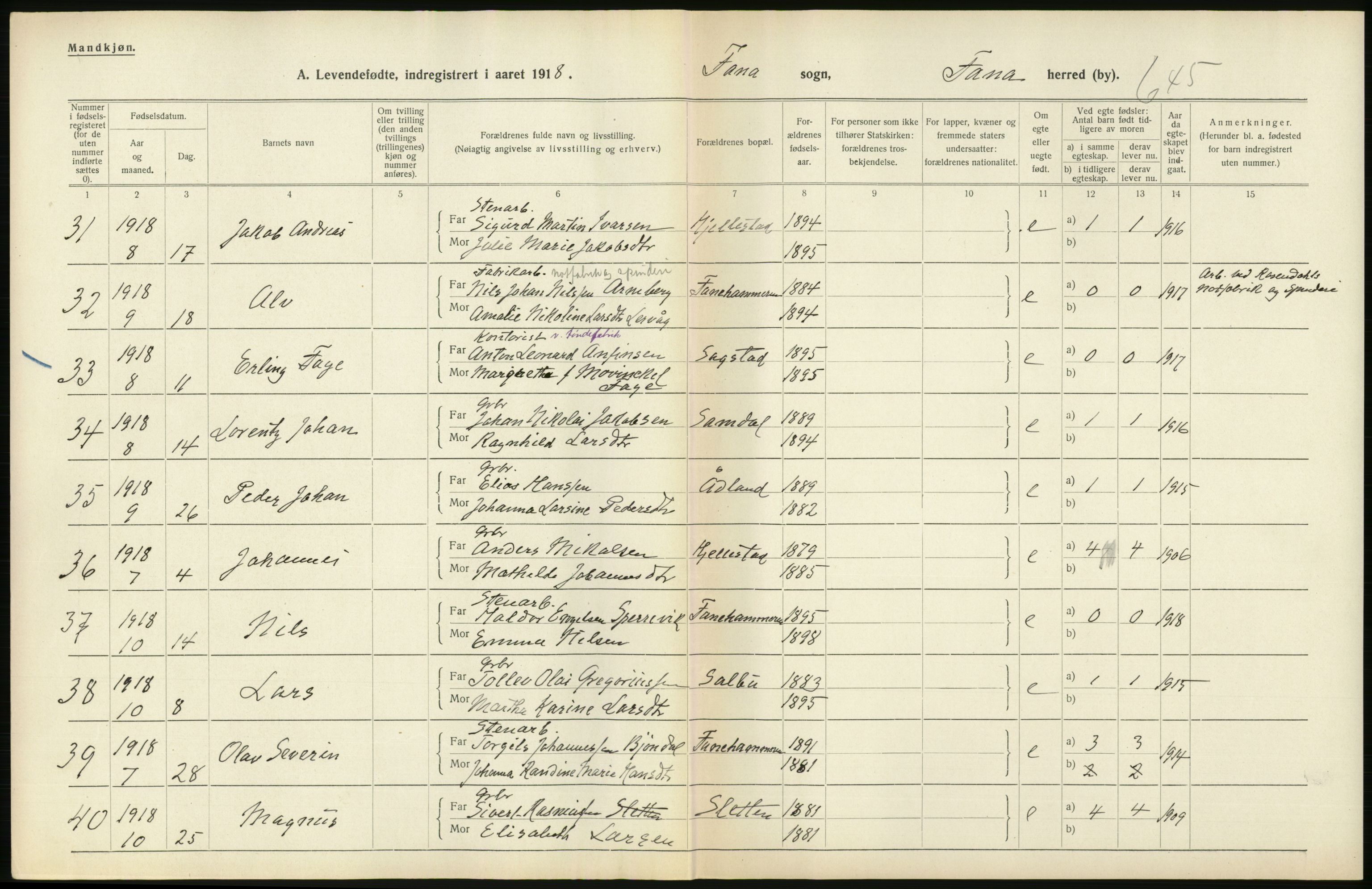 Statistisk sentralbyrå, Sosiodemografiske emner, Befolkning, RA/S-2228/D/Df/Dfb/Dfbh/L0034: Hordaland fylke: Levendefødte menn og kvinner. Bygder., 1918, p. 204