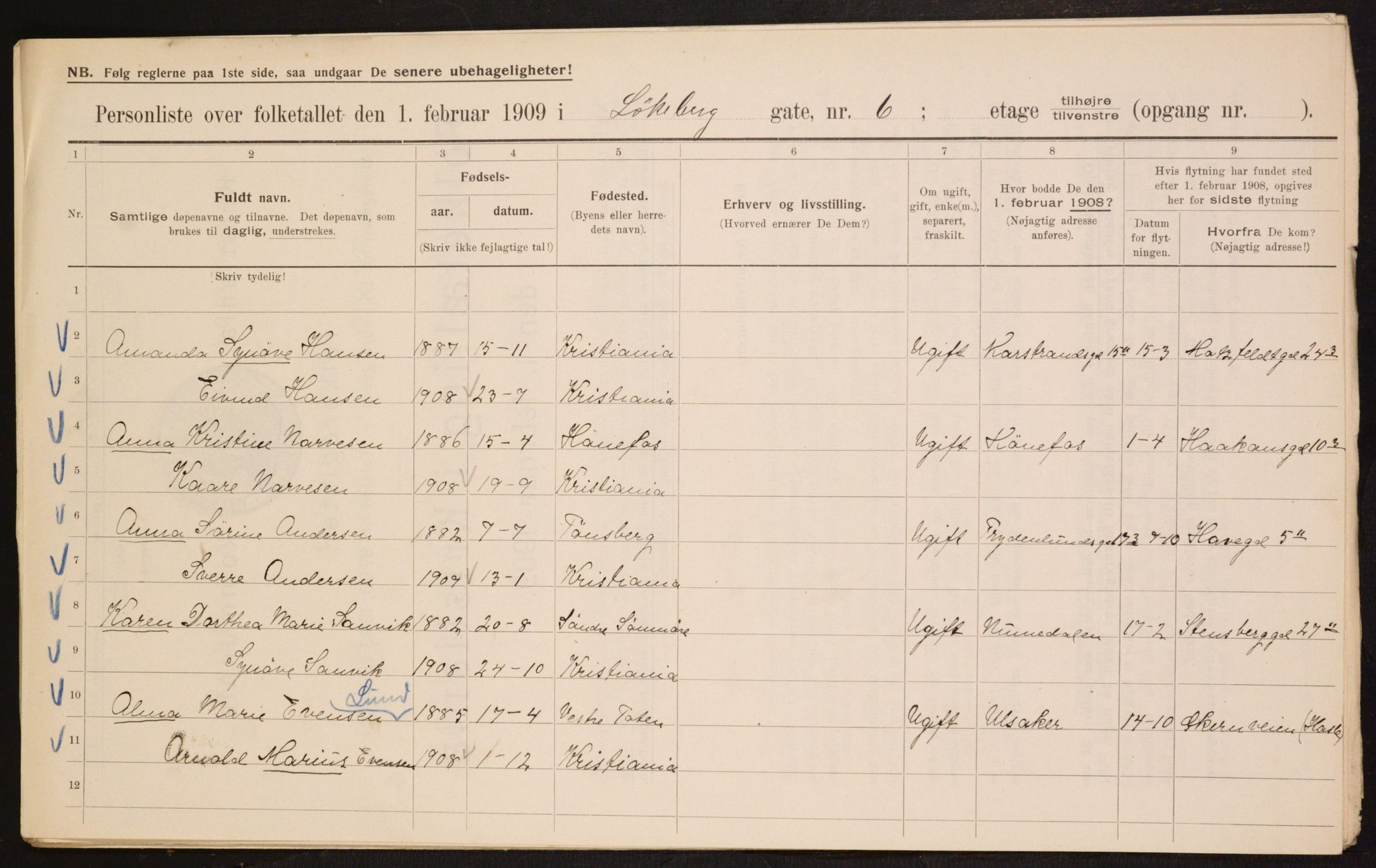 OBA, Municipal Census 1909 for Kristiania, 1909, p. 53262