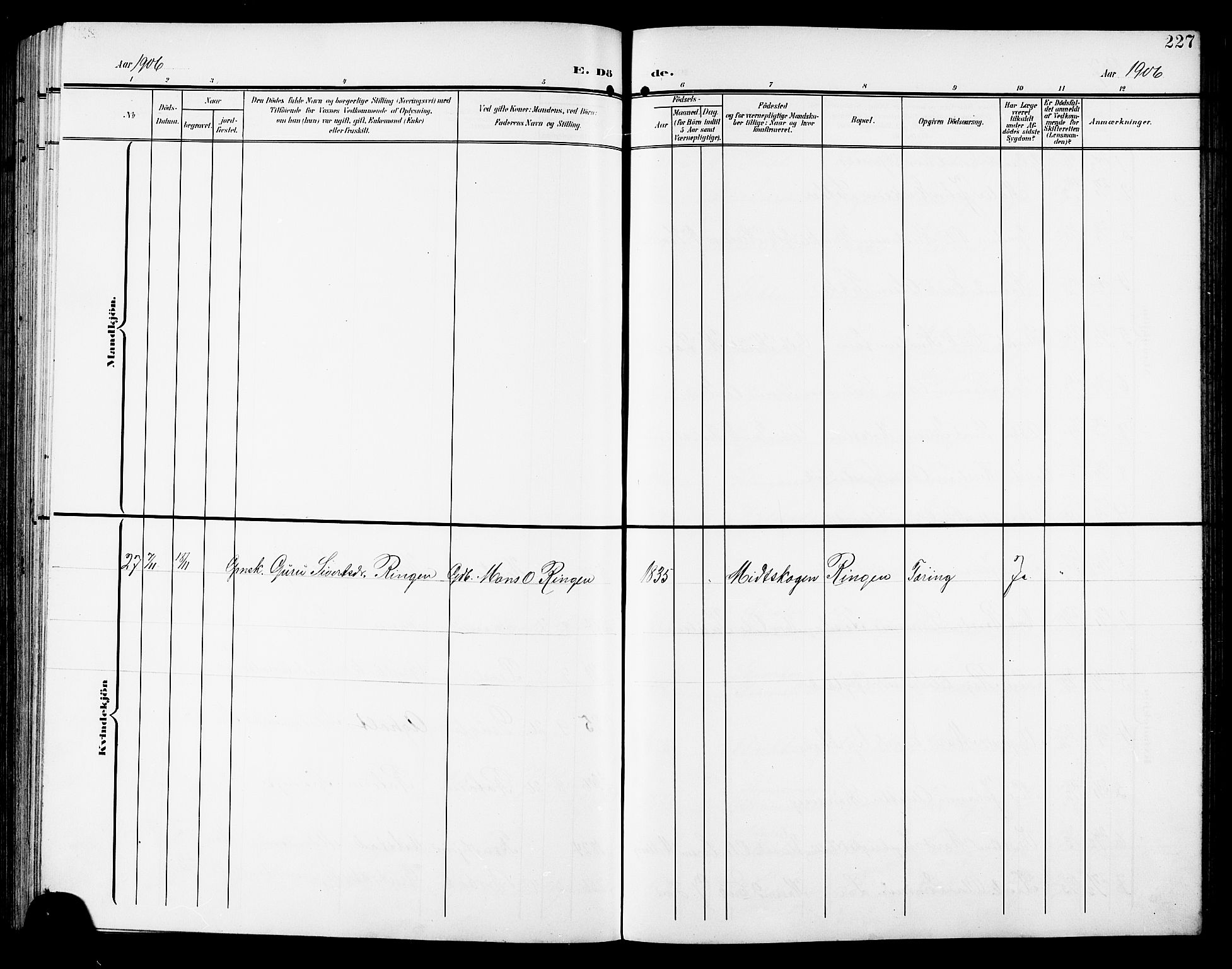 Ministerialprotokoller, klokkerbøker og fødselsregistre - Sør-Trøndelag, AV/SAT-A-1456/672/L0864: Parish register (copy) no. 672C03, 1902-1914, p. 227