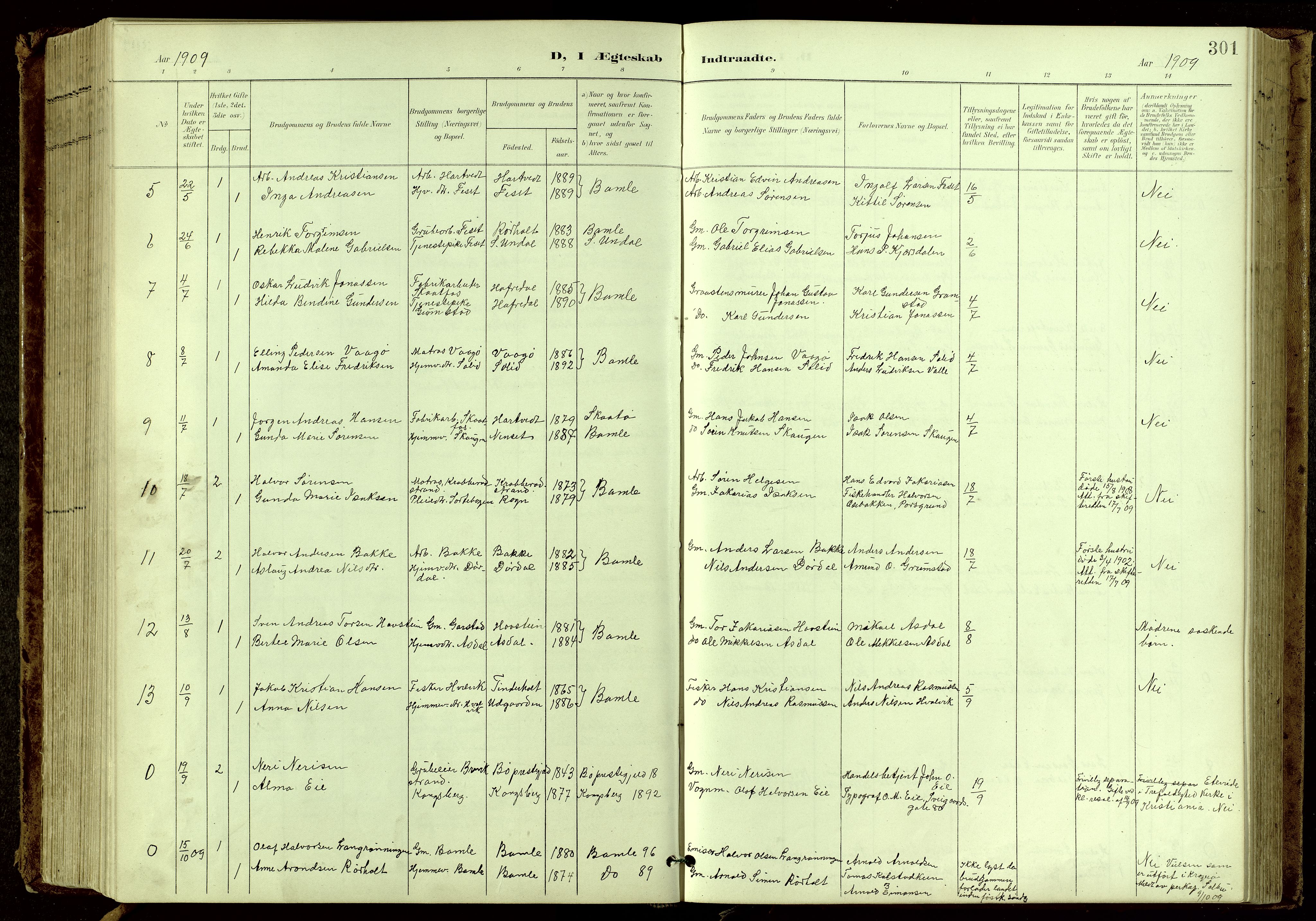 Bamble kirkebøker, SAKO/A-253/G/Ga/L0010: Parish register (copy) no. I 10, 1901-1919, p. 301