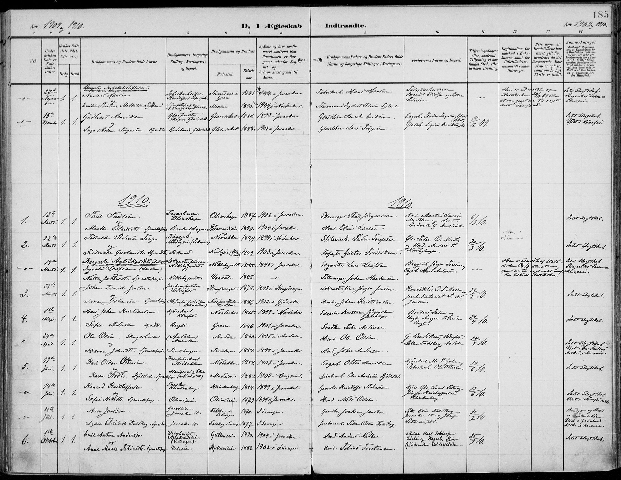 Jevnaker prestekontor, AV/SAH-PREST-116/H/Ha/Haa/L0011: Parish register (official) no. 11, 1902-1913, p. 185