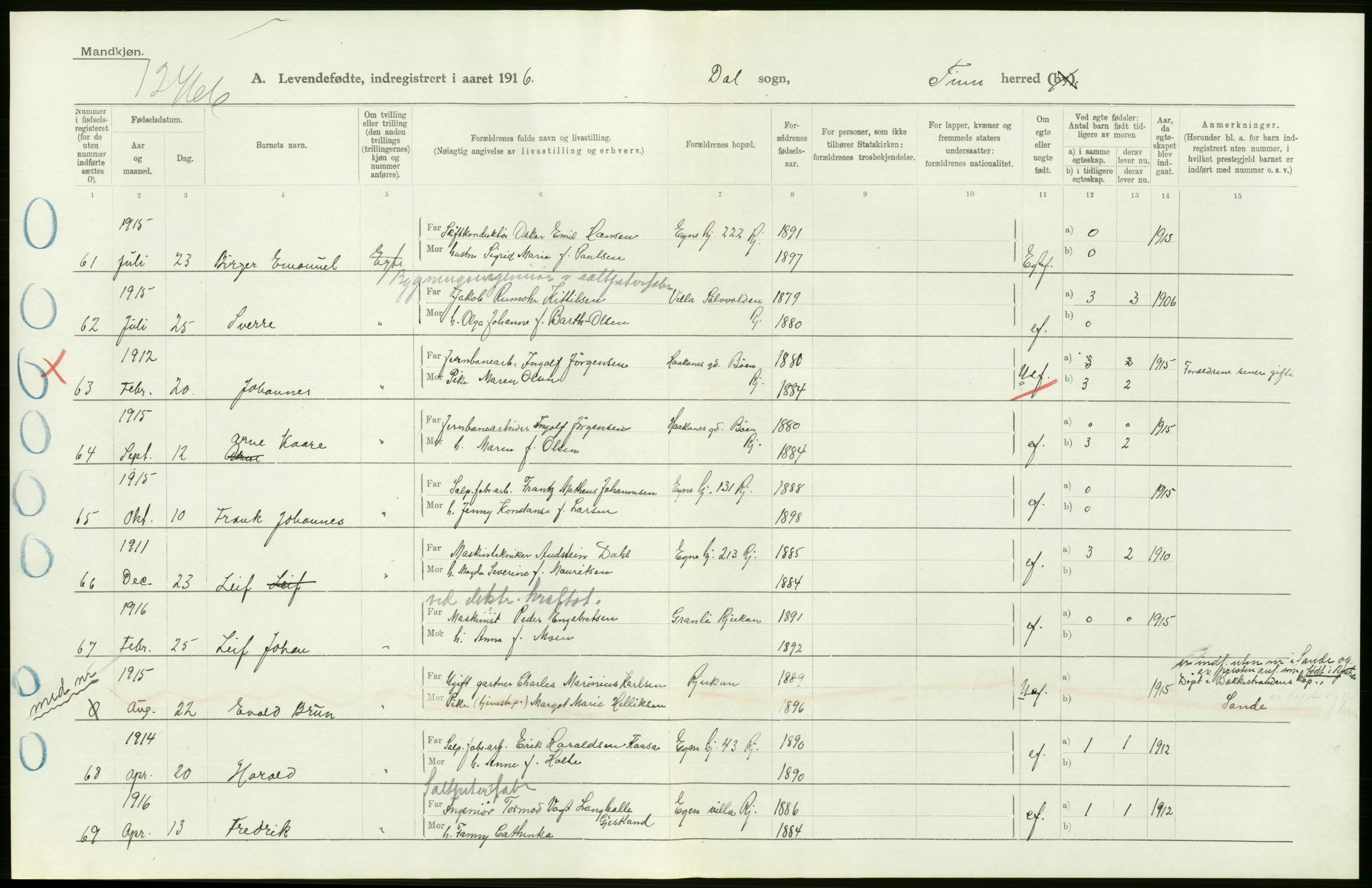 Statistisk sentralbyrå, Sosiodemografiske emner, Befolkning, RA/S-2228/D/Df/Dfb/Dfbf/L0022: Bratsberg amt: Levendefødte menn og kvinner. Bygder., 1916, p. 162