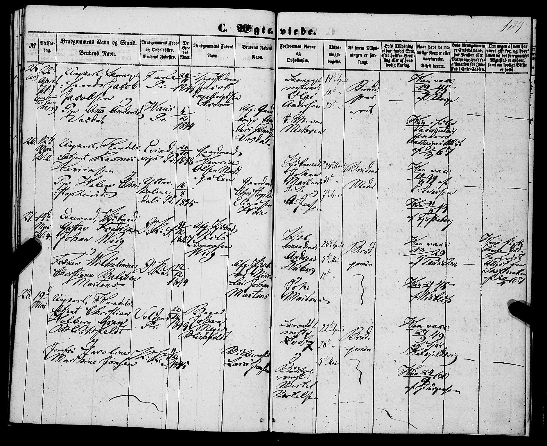 Korskirken sokneprestembete, AV/SAB-A-76101/H/Haa/L0035: Parish register (official) no. D 2, 1852-1867, p. 189