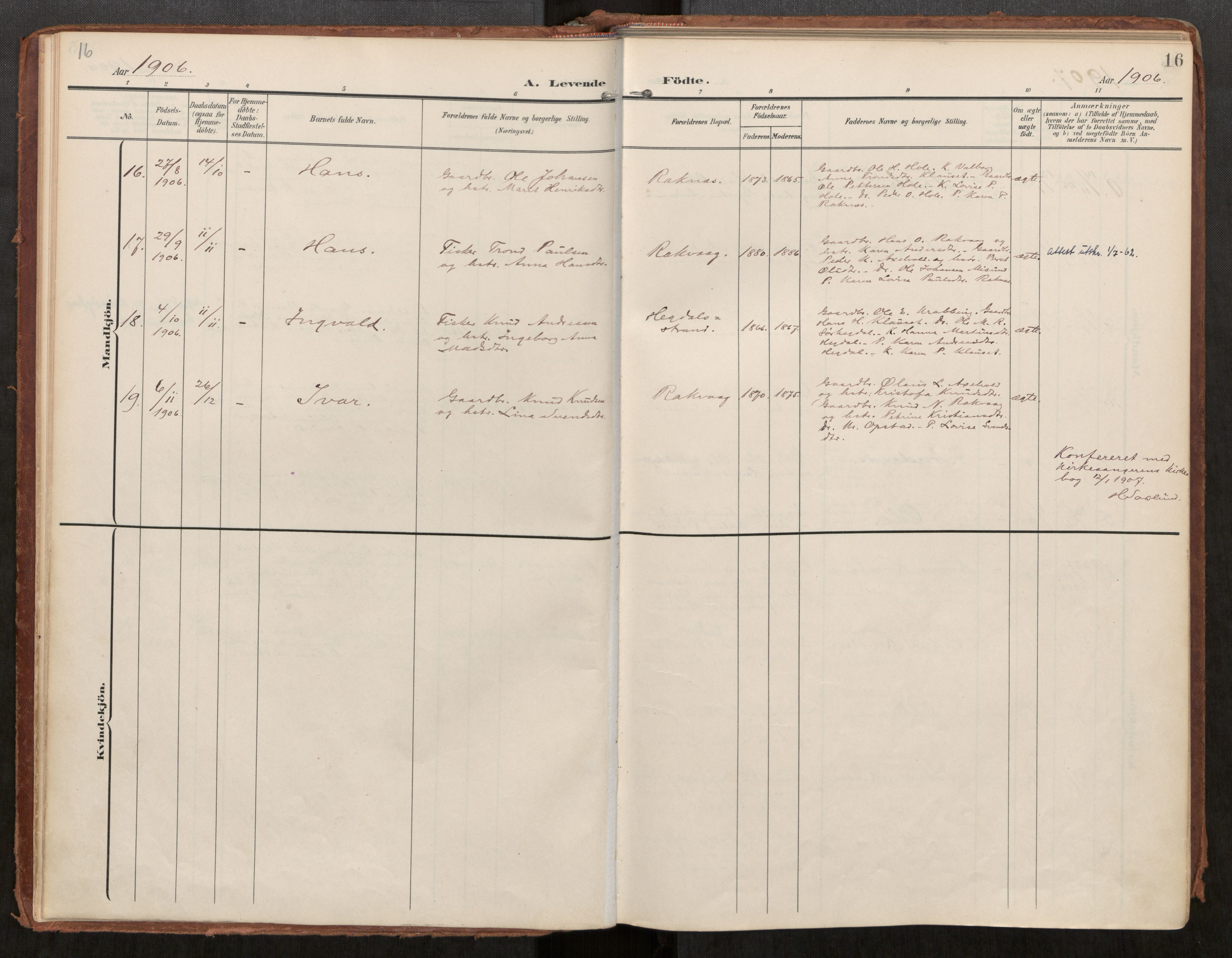 Ministerialprotokoller, klokkerbøker og fødselsregistre - Møre og Romsdal, AV/SAT-A-1454/563/L0740: Parish register (official) no. 563A02, 1903-1923, p. 16