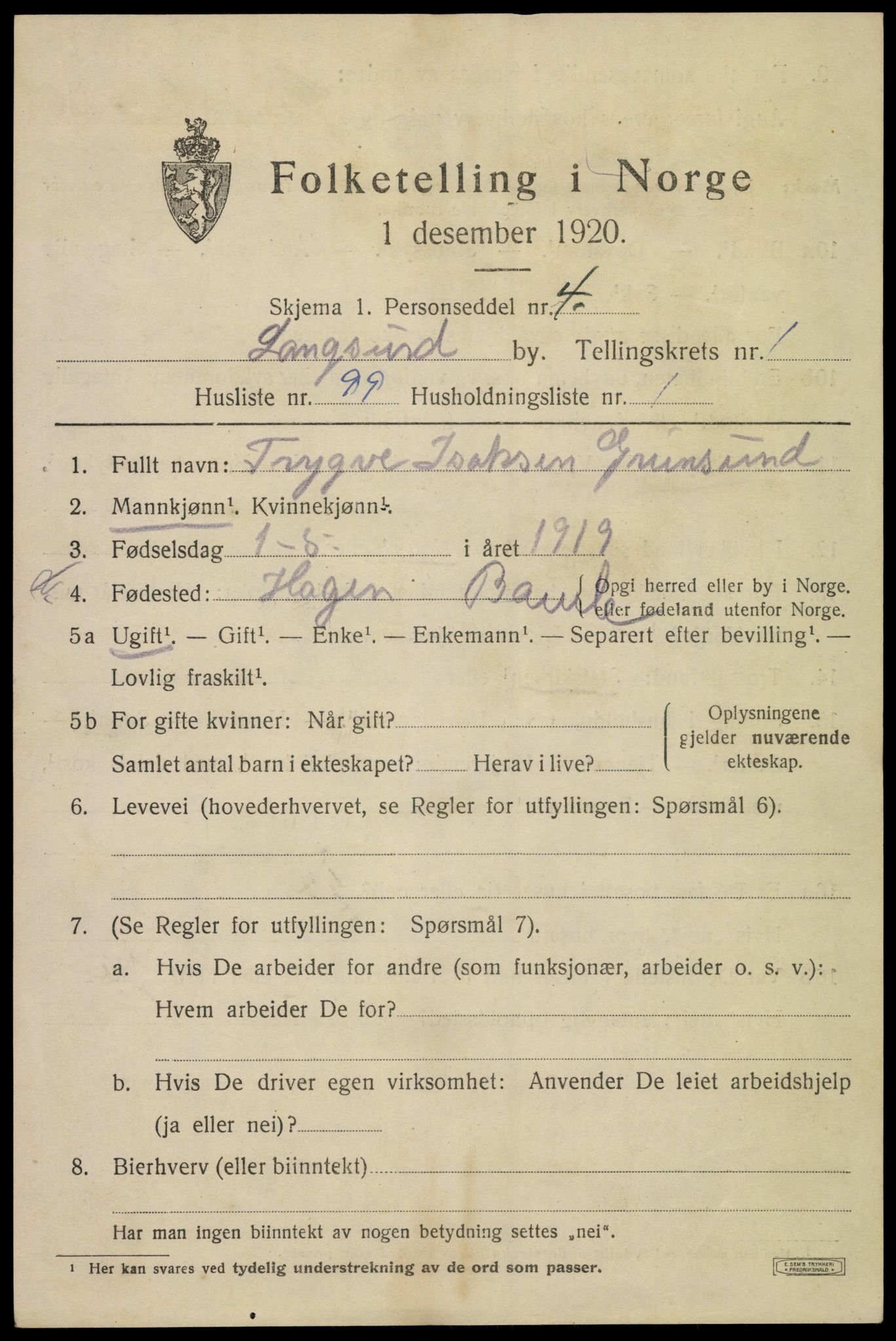 SAKO, 1920 census for Langesund, 1920, p. 2733