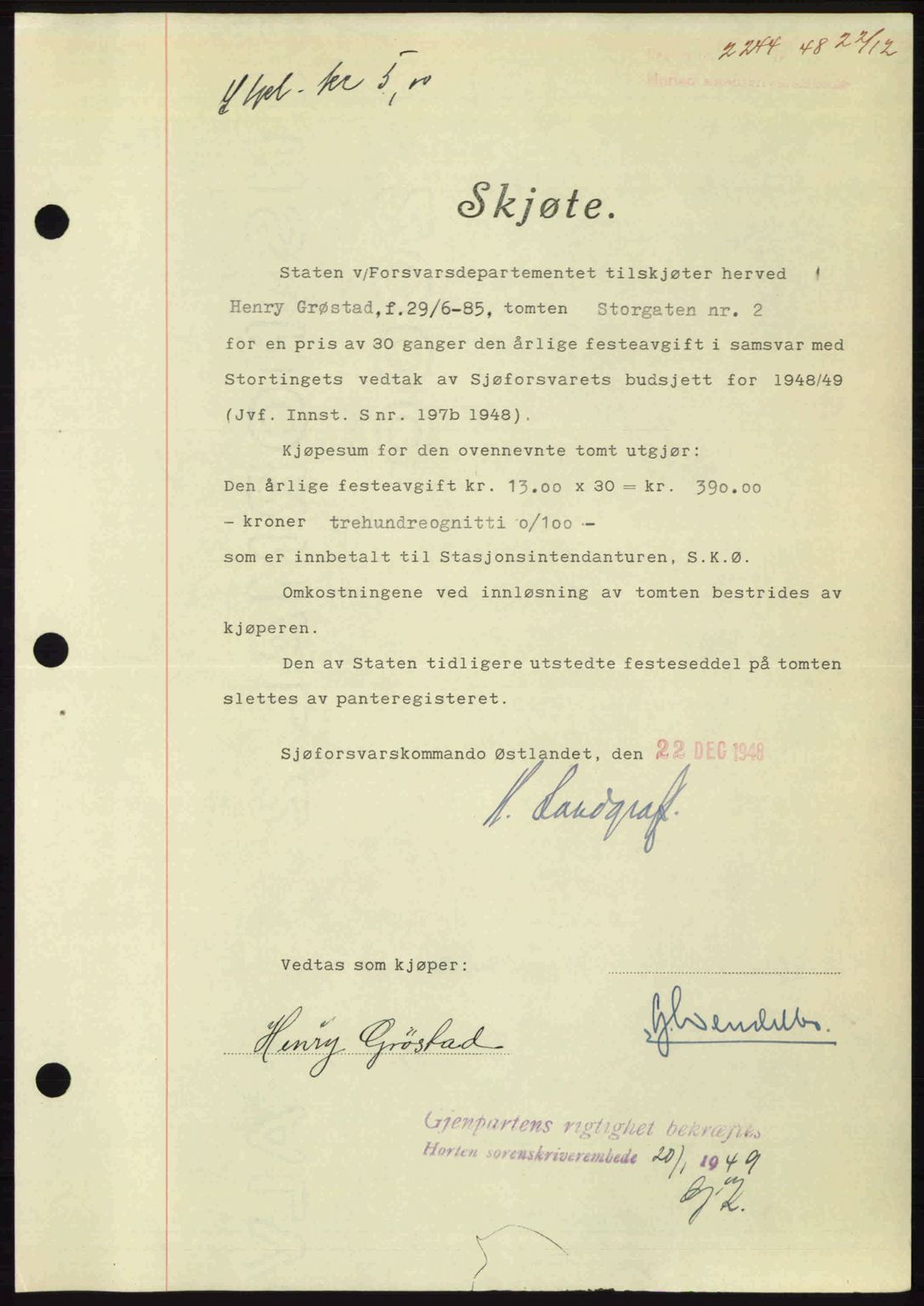 Horten sorenskriveri, AV/SAKO-A-133/G/Ga/Gaa/L0011: Mortgage book no. A-11, 1948-1948, Diary no: : 2244/1948