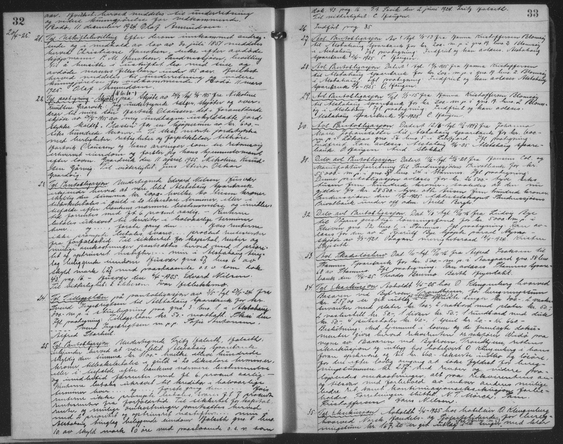 Søndre Helgeland sorenskriveri, SAT/A-4575/1/2/2C/L0023: Mortgage book no. 34, 1925-1935, p. 32-33, Deed date: 20.04.1925