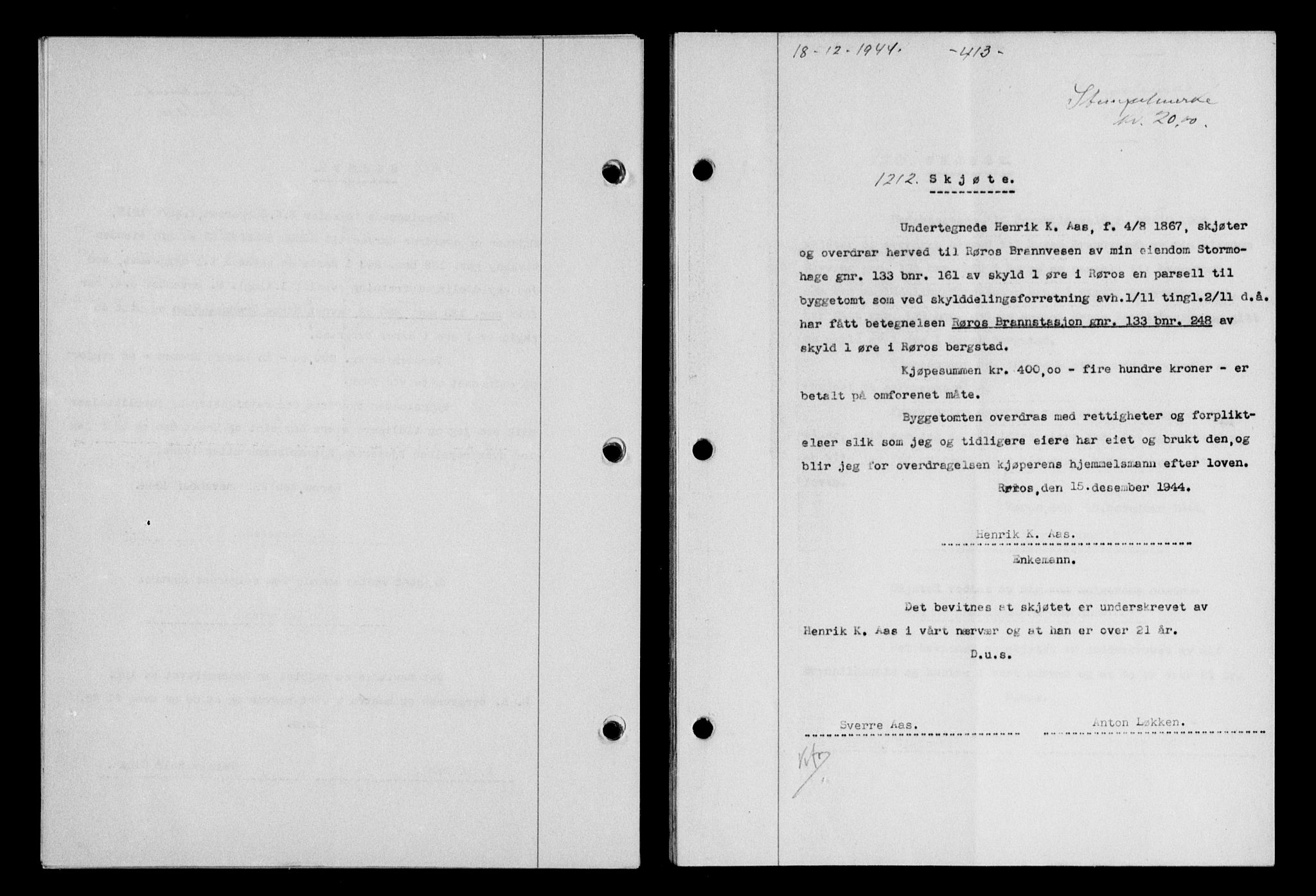 Gauldal sorenskriveri, SAT/A-0014/1/2/2C/L0058: Mortgage book no. 63, 1944-1945, Diary no: : 1212/1944