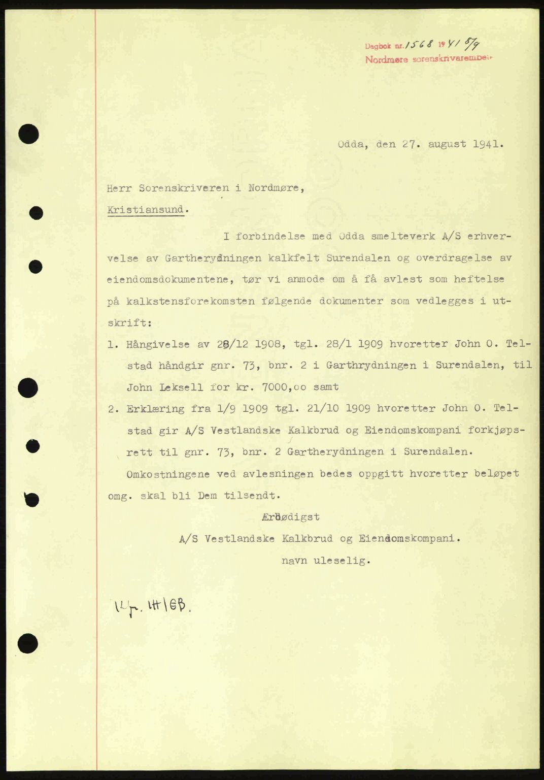 Nordmøre sorenskriveri, AV/SAT-A-4132/1/2/2Ca: Mortgage book no. B88, 1941-1942, Diary no: : 1568/1941