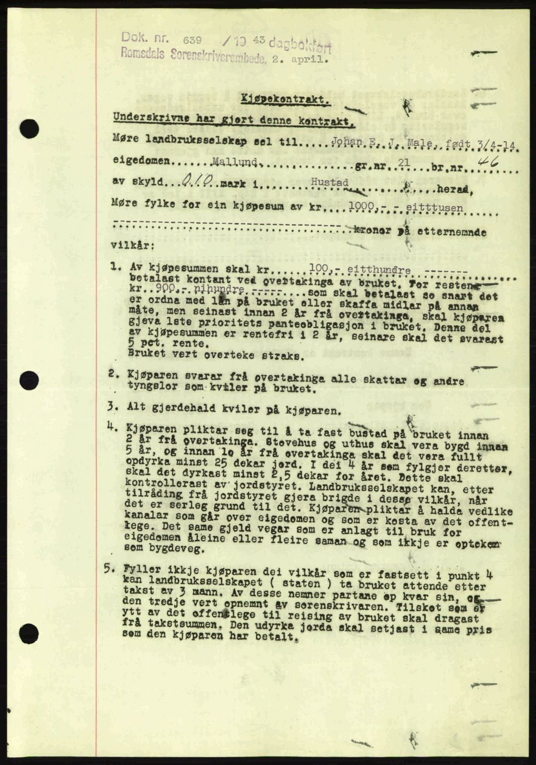 Romsdal sorenskriveri, AV/SAT-A-4149/1/2/2C: Mortgage book no. A14, 1943-1943, Diary no: : 639/1943