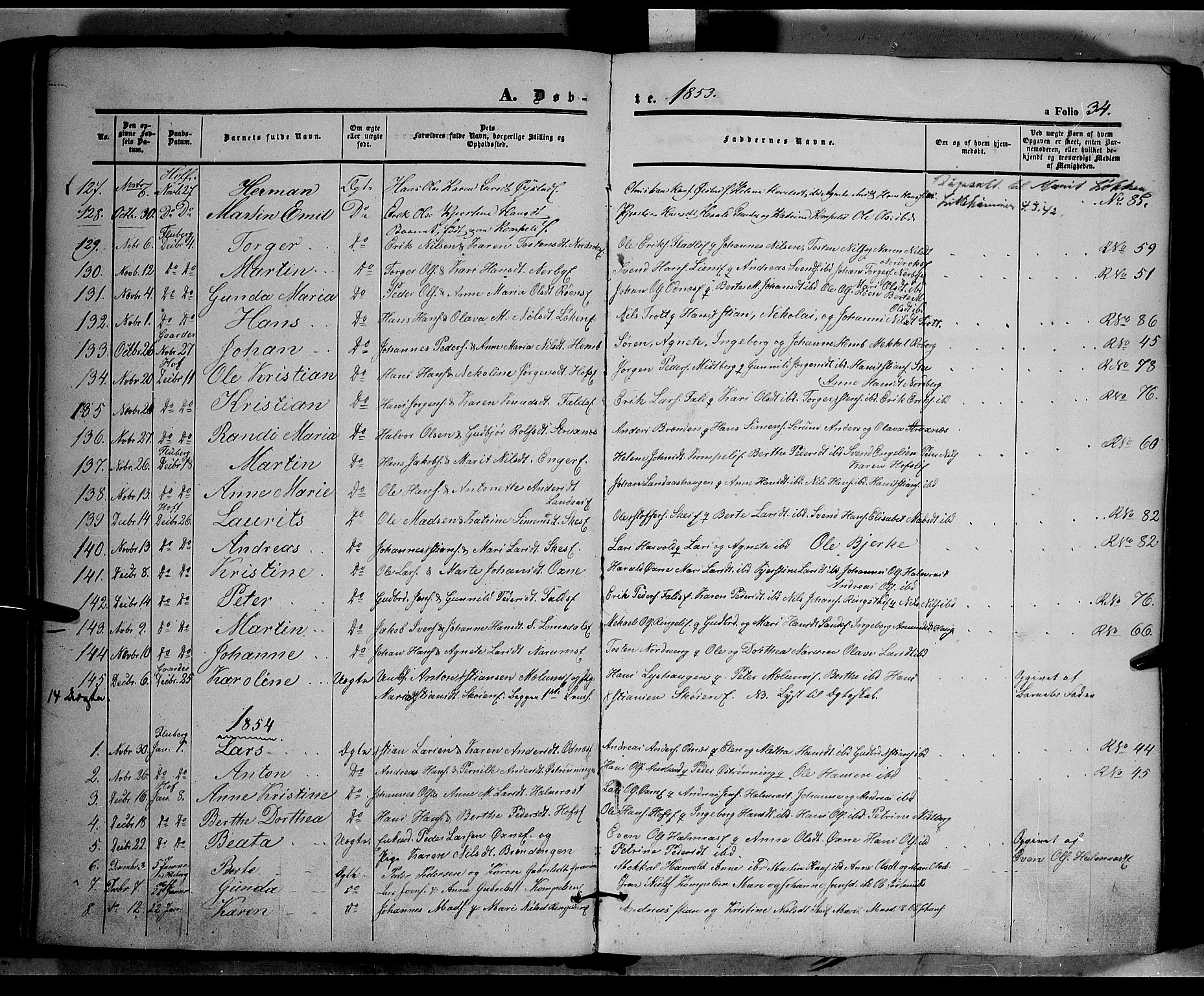 Land prestekontor, SAH/PREST-120/H/Ha/Haa/L0009: Parish register (official) no. 9, 1847-1859, p. 34