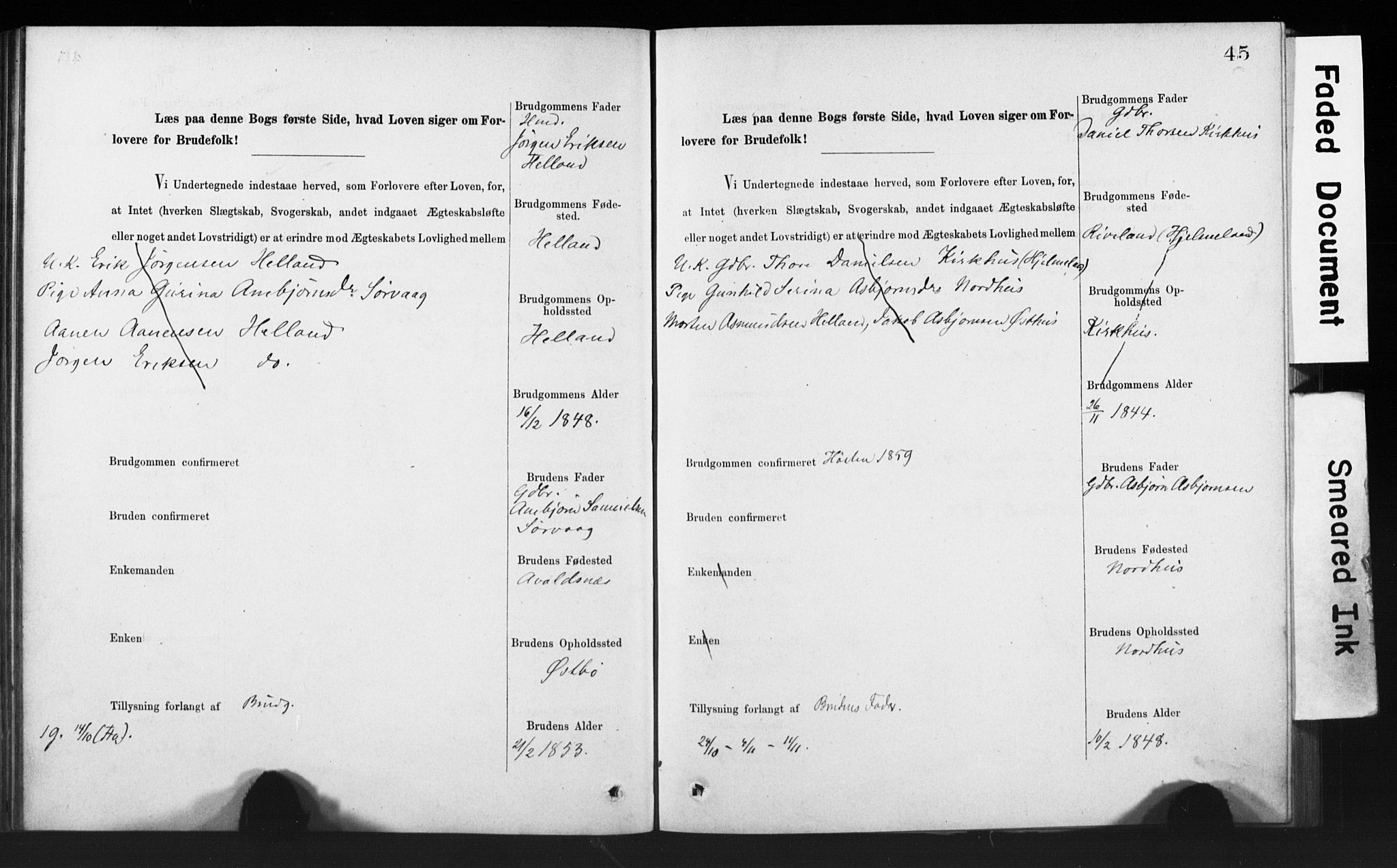 Rennesøy sokneprestkontor, SAST/A -101827/I/Ie/L0001: Banns register no. 1, 1873-1898, p. 45
