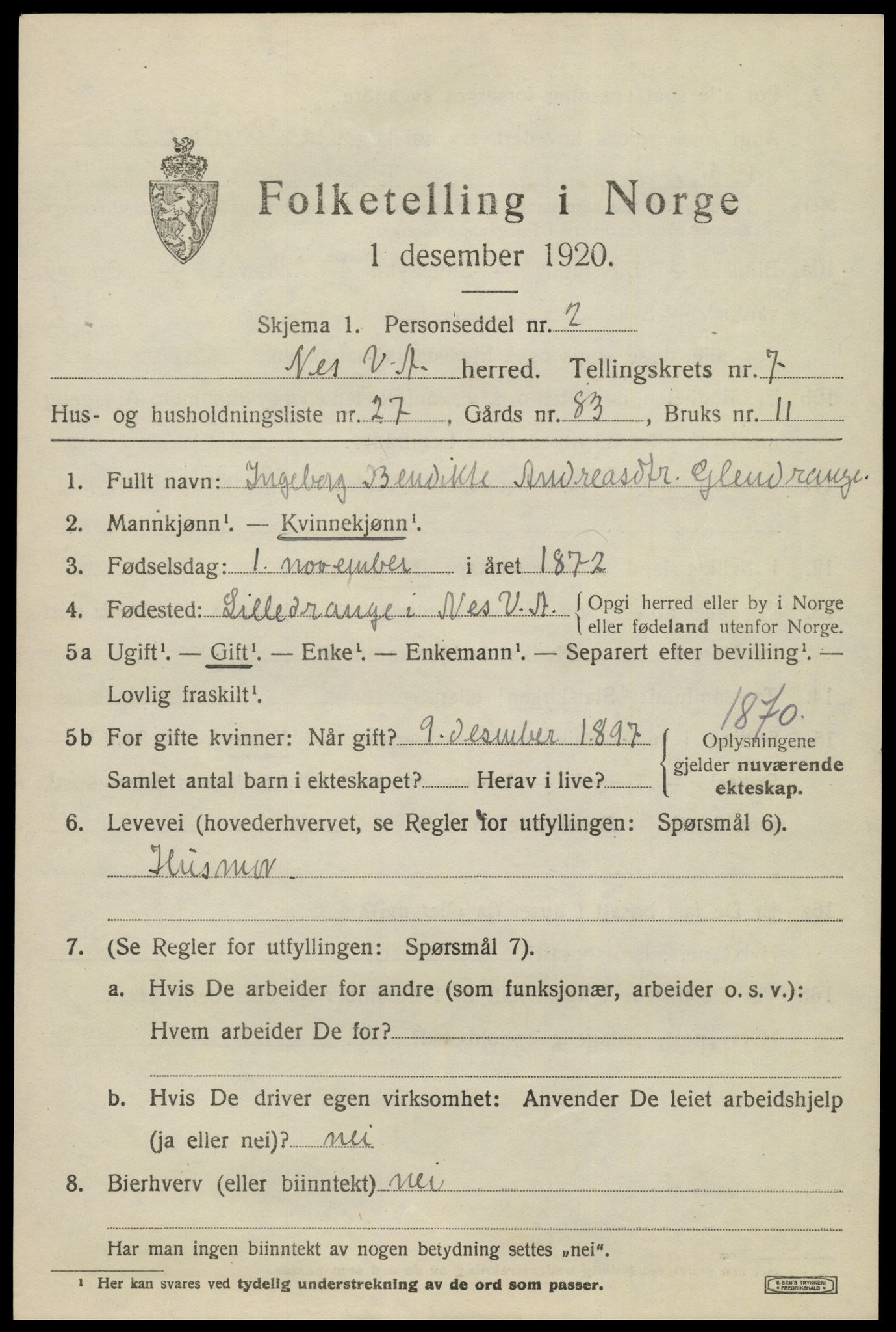 SAK, 1920 census for Nes (V-A), 1920, p. 3580