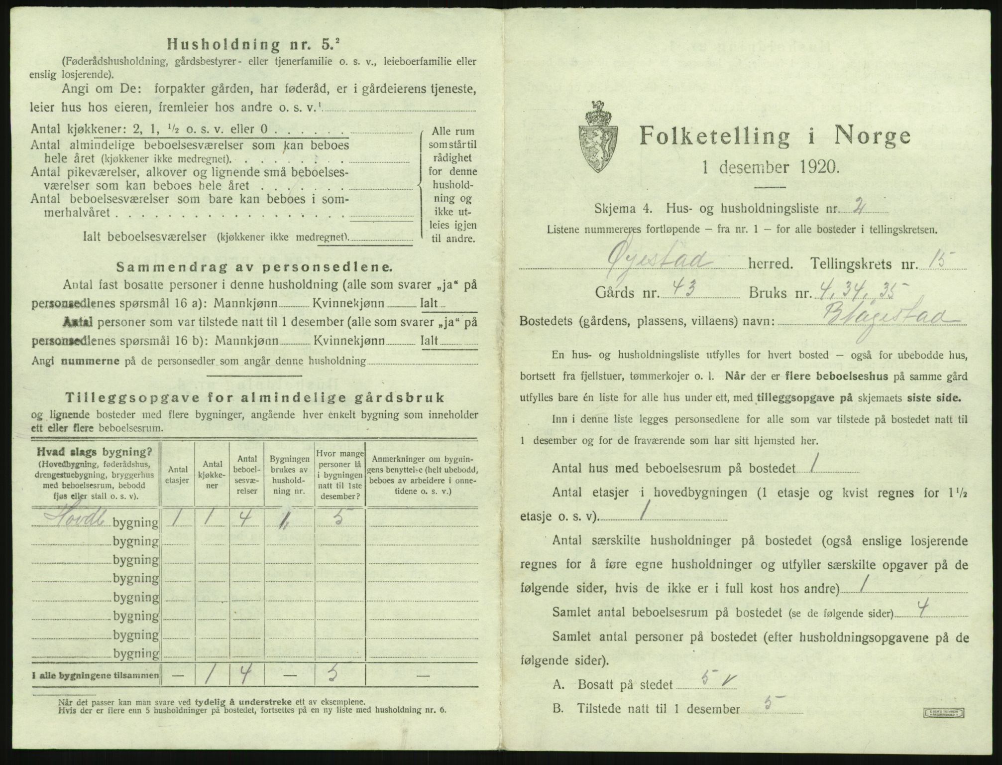 SAK, 1920 census for Øyestad, 1920, p. 1718