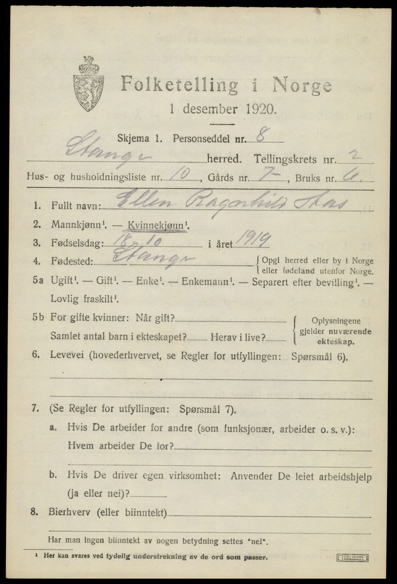 SAH, 1920 census for Stange, 1920, p. 4181