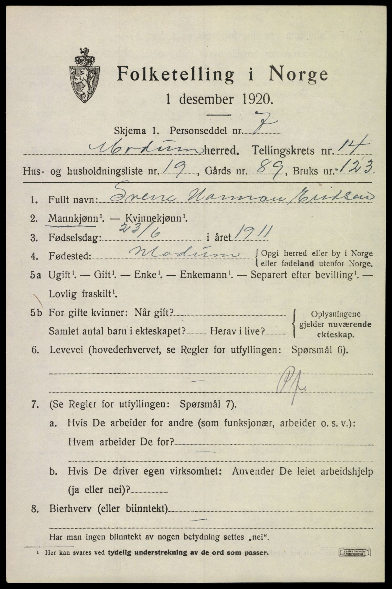 SAKO, 1920 census for Modum, 1920, p. 16209