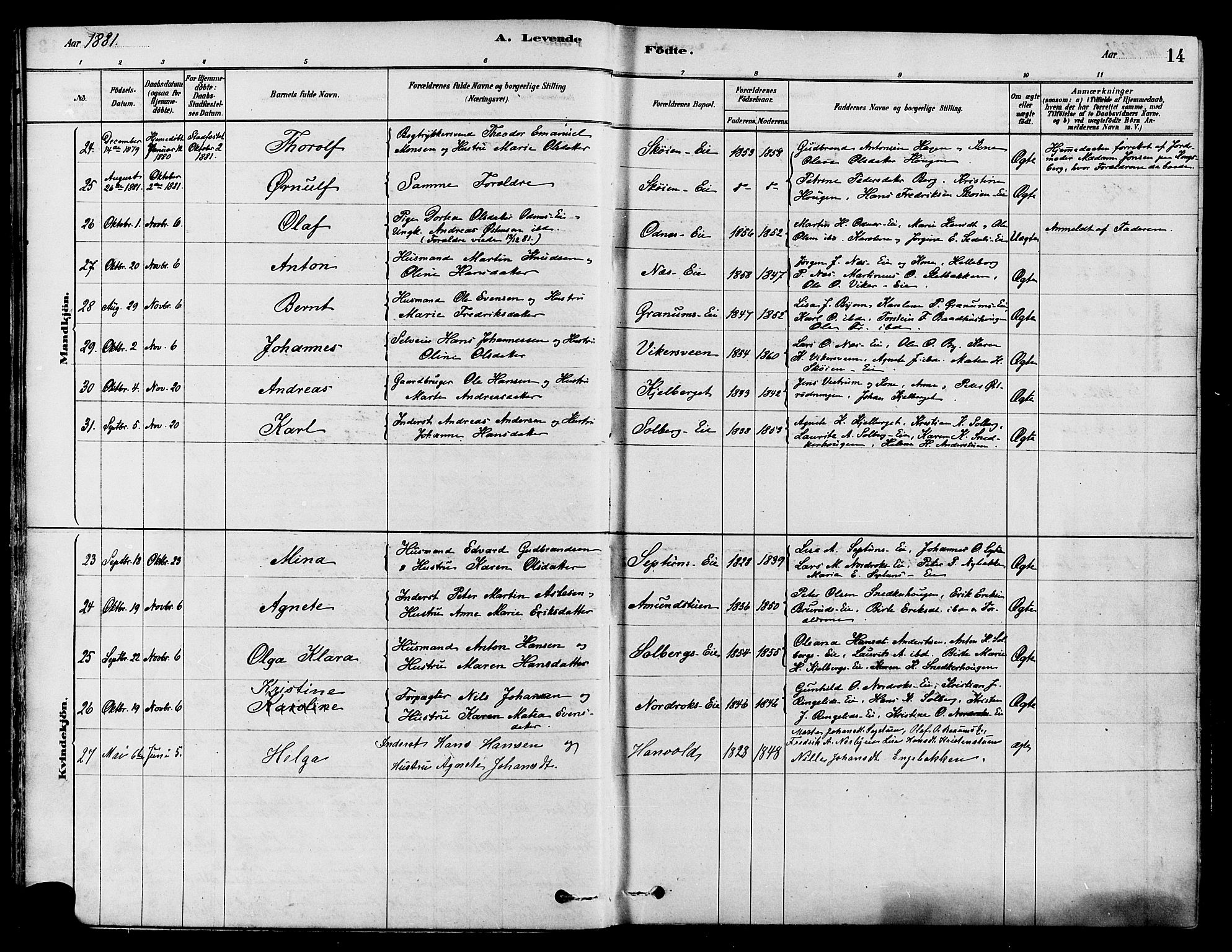 Søndre Land prestekontor, AV/SAH-PREST-122/K/L0002: Parish register (official) no. 2, 1878-1894, p. 14