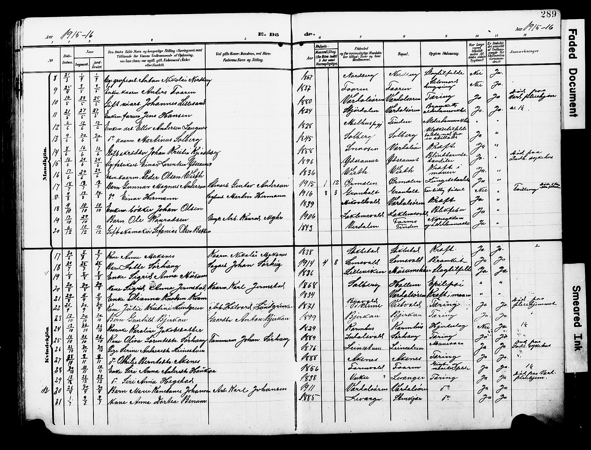 Ministerialprotokoller, klokkerbøker og fødselsregistre - Nord-Trøndelag, SAT/A-1458/723/L0258: Parish register (copy) no. 723C06, 1908-1927, p. 289