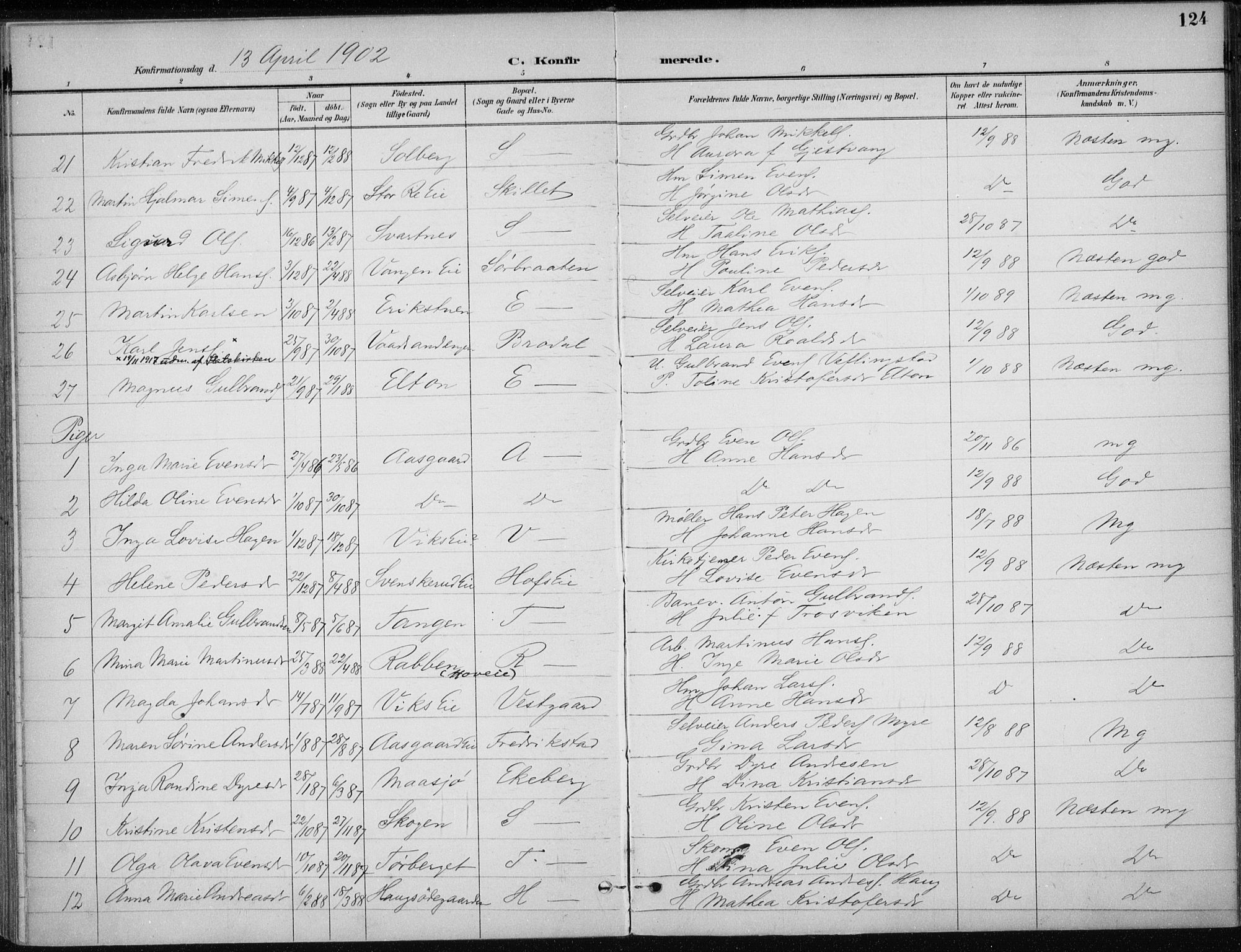 Stange prestekontor, AV/SAH-PREST-002/K/L0023: Parish register (official) no. 23, 1897-1920, p. 124