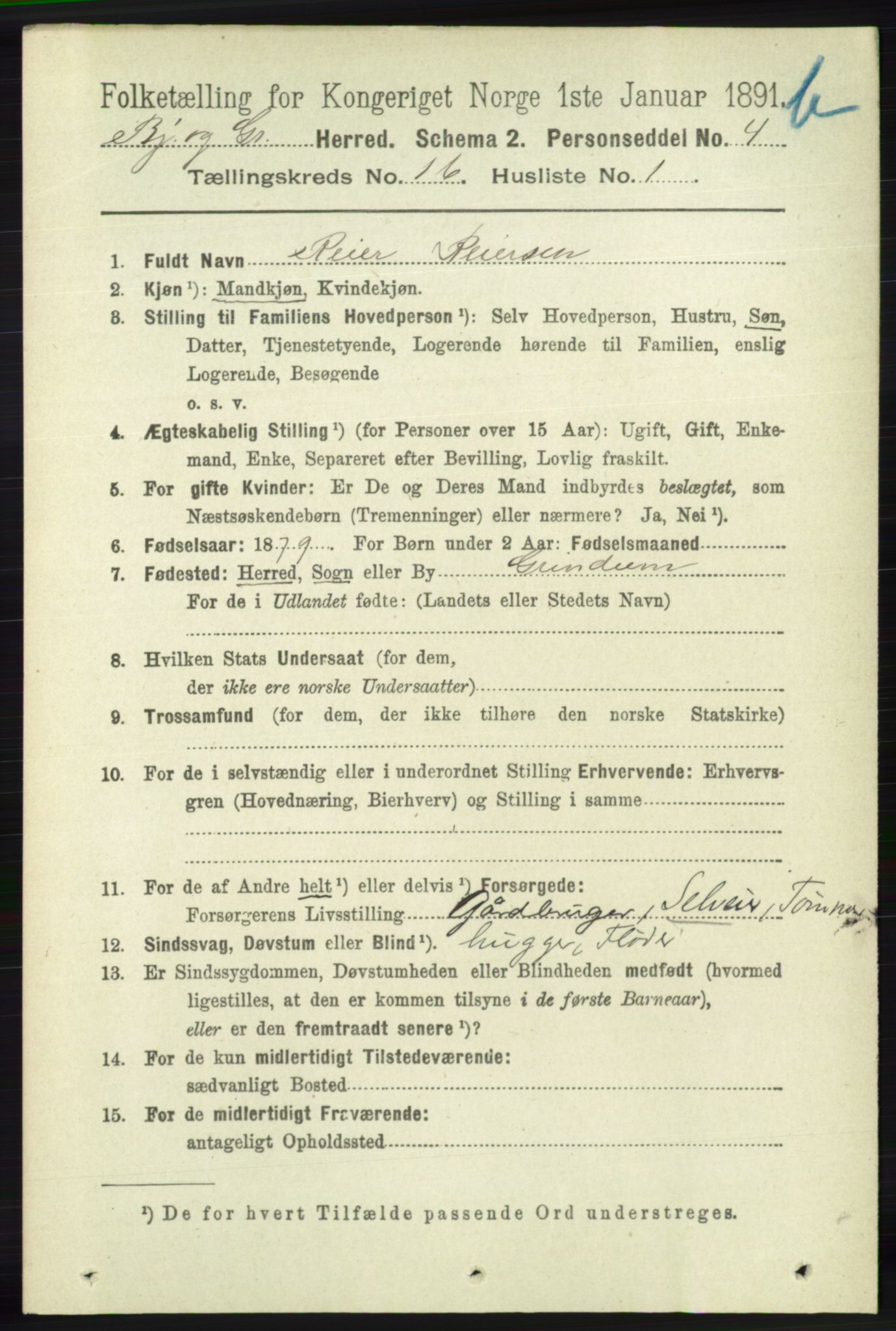 RA, 1891 census for 1024 Bjelland og Grindheim, 1891, p. 778