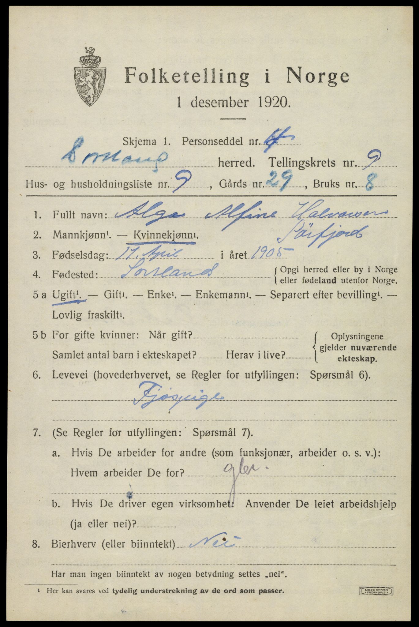 SAT, 1920 census for Sortland, 1920, p. 7246