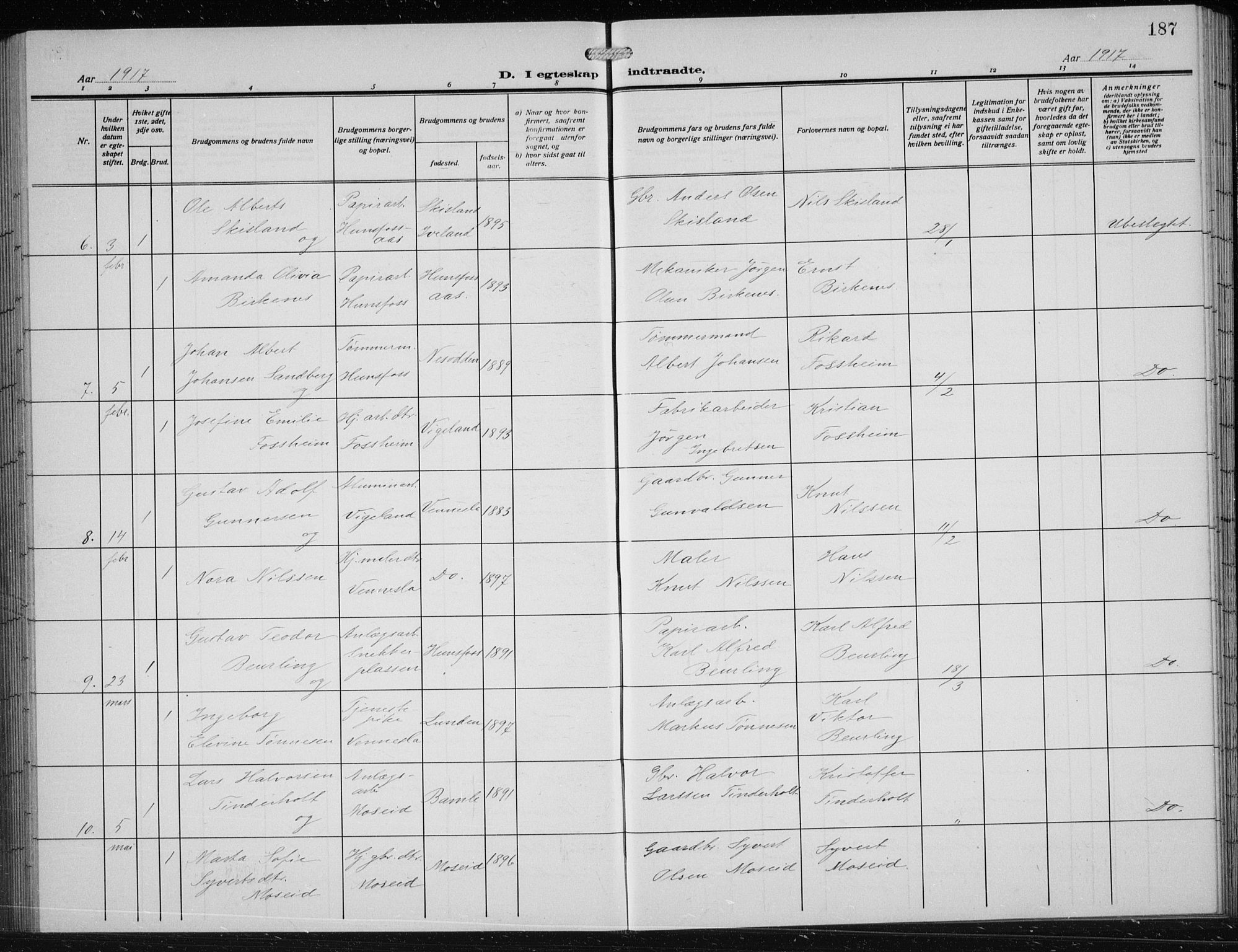 Vennesla sokneprestkontor, SAK/1111-0045/Fb/Fbb/L0006: Parish register (copy) no. B 6, 1914-1921, p. 187