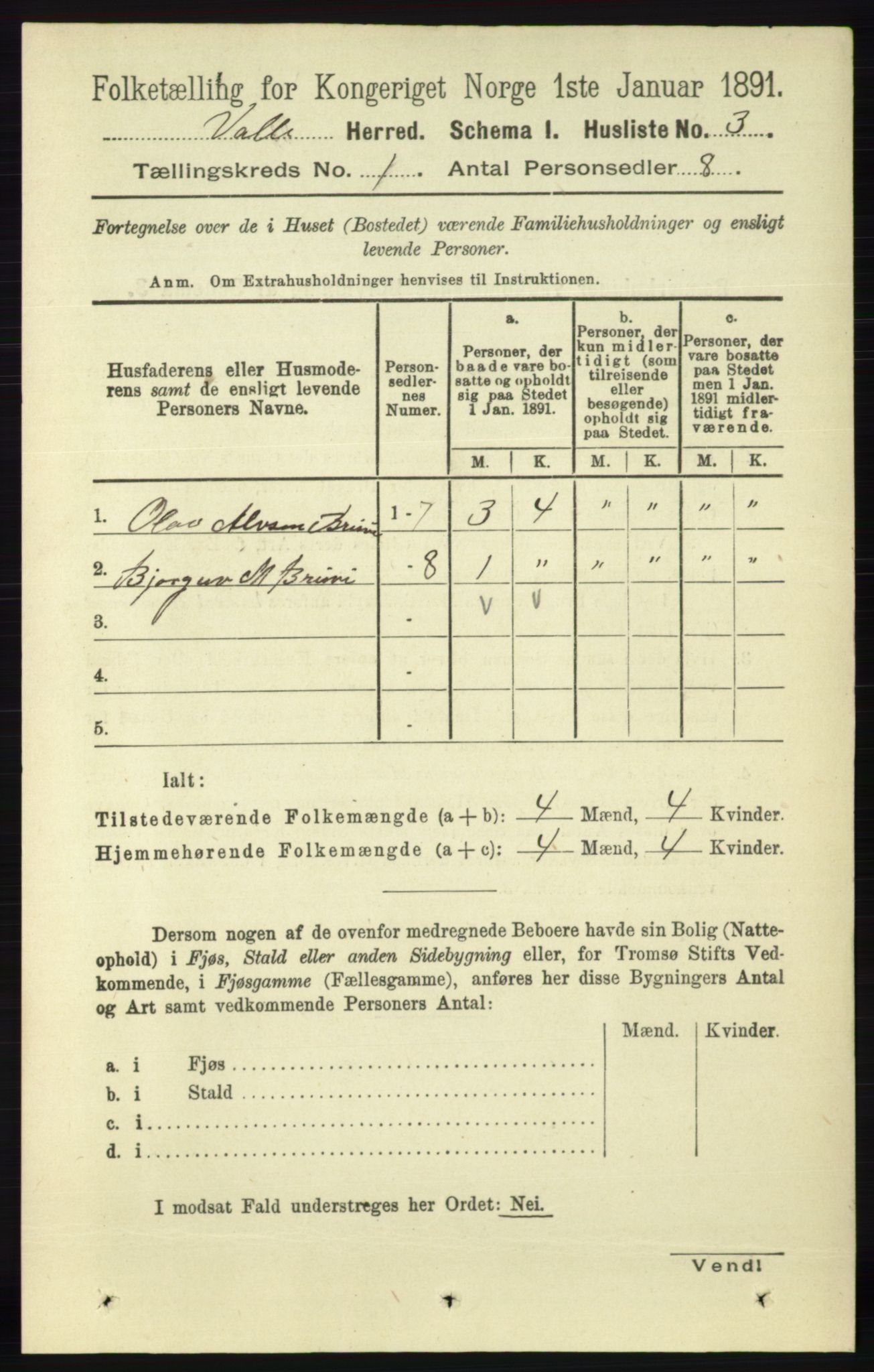 RA, 1891 census for 0940 Valle, 1891, p. 27