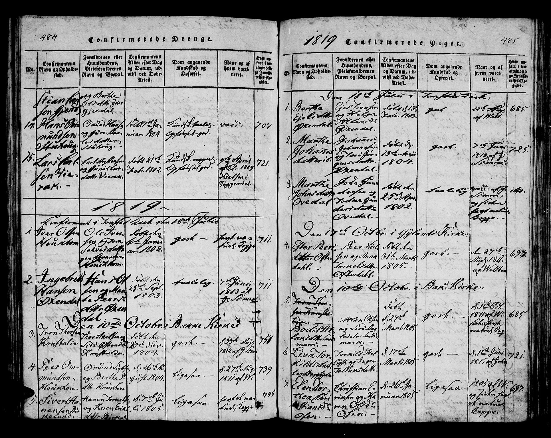 Bakke sokneprestkontor, SAK/1111-0002/F/Fa/Faa/L0003: Parish register (official) no. A 3, 1815-1835, p. 484-485