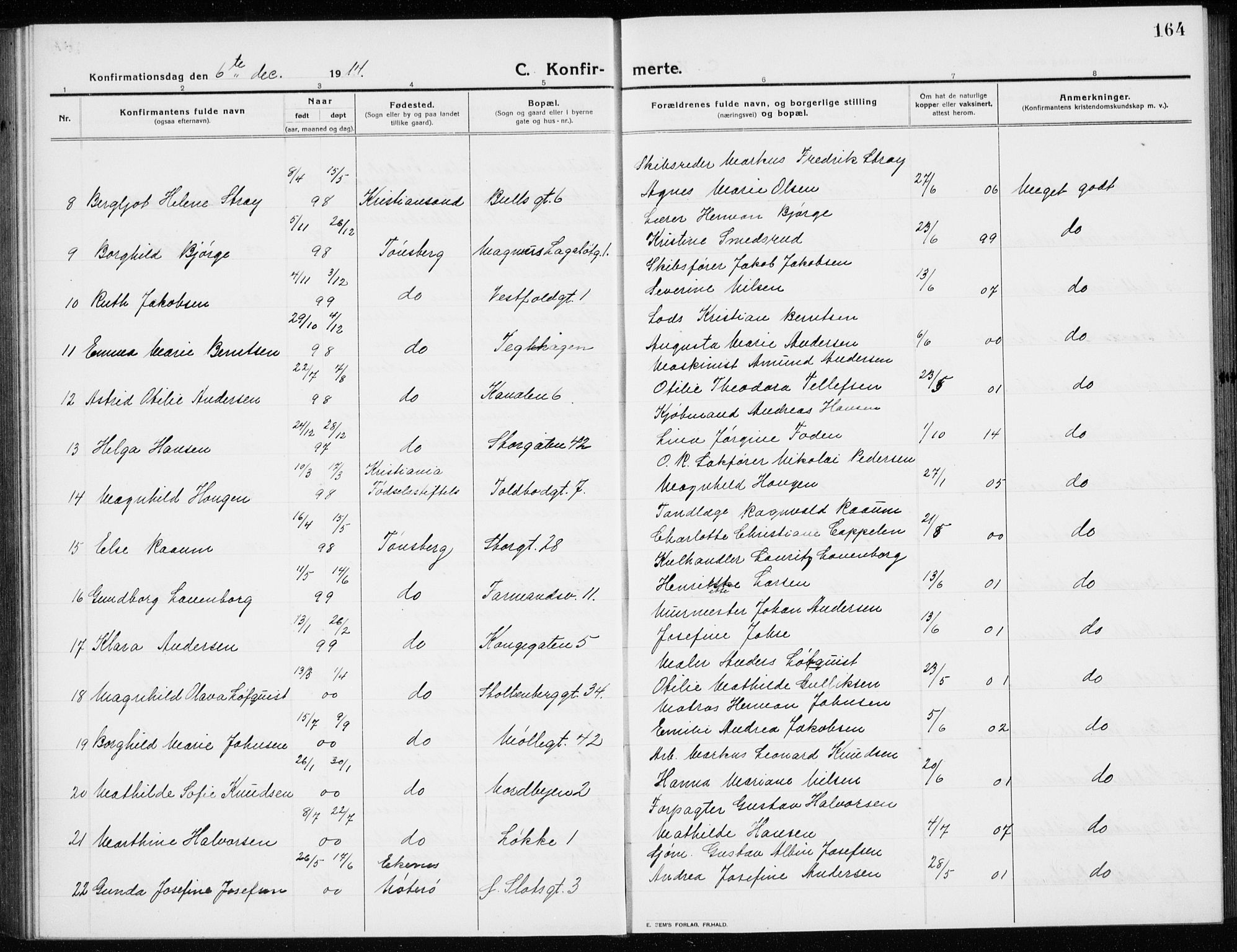 Tønsberg kirkebøker, AV/SAKO-A-330/G/Ga/L0009: Parish register (copy) no. 9, 1913-1920, p. 164