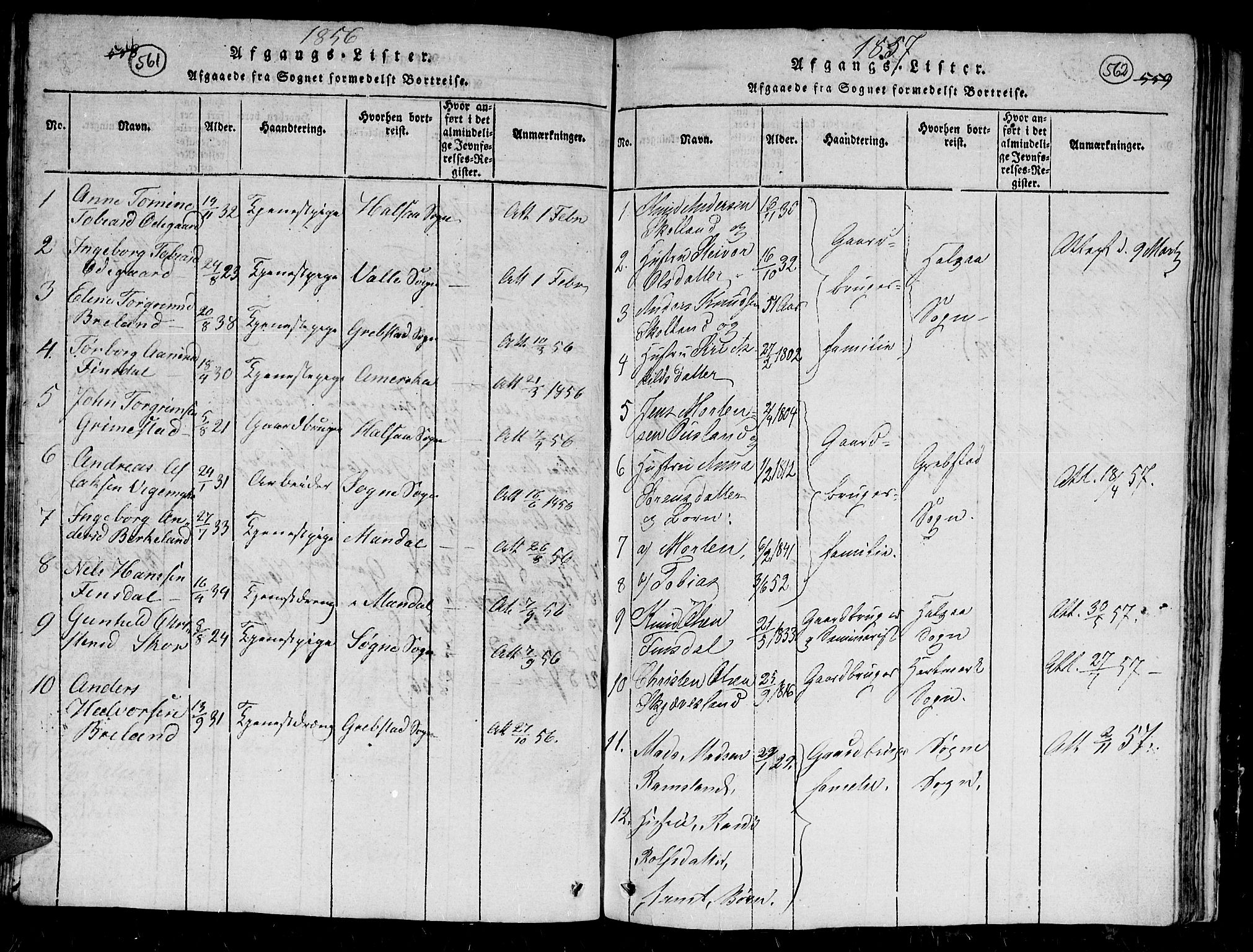 Holum sokneprestkontor, AV/SAK-1111-0022/F/Fb/Fbc/L0001: Parish register (copy) no. B 1, 1820-1859, p. 561-562