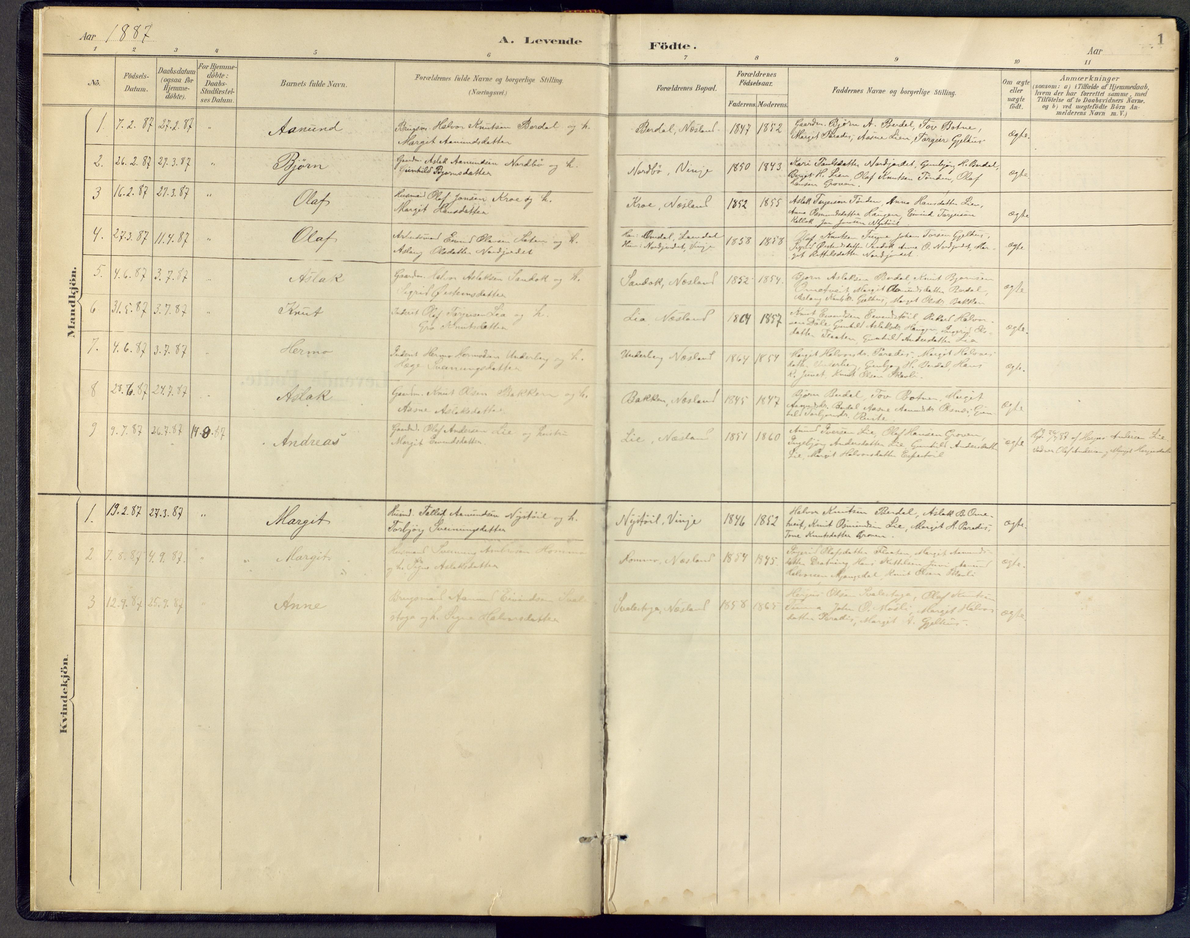 Vinje kirkebøker, SAKO/A-312/F/Fb/L0002: Parish register (official) no. II 2, 1887-1925, p. 1