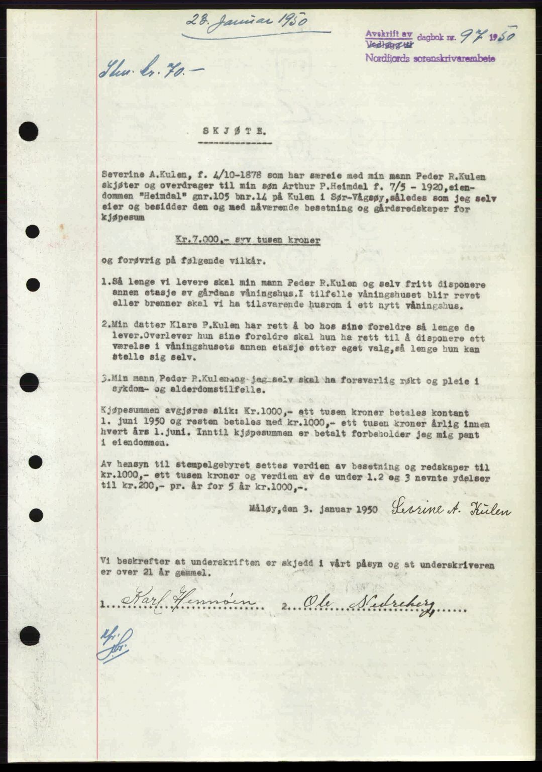 Nordfjord sorenskriveri, SAB/A-2801/02/02b/02bj/L0016a: Mortgage book no. A16 I, 1949-1950, Diary no: : 97/1950