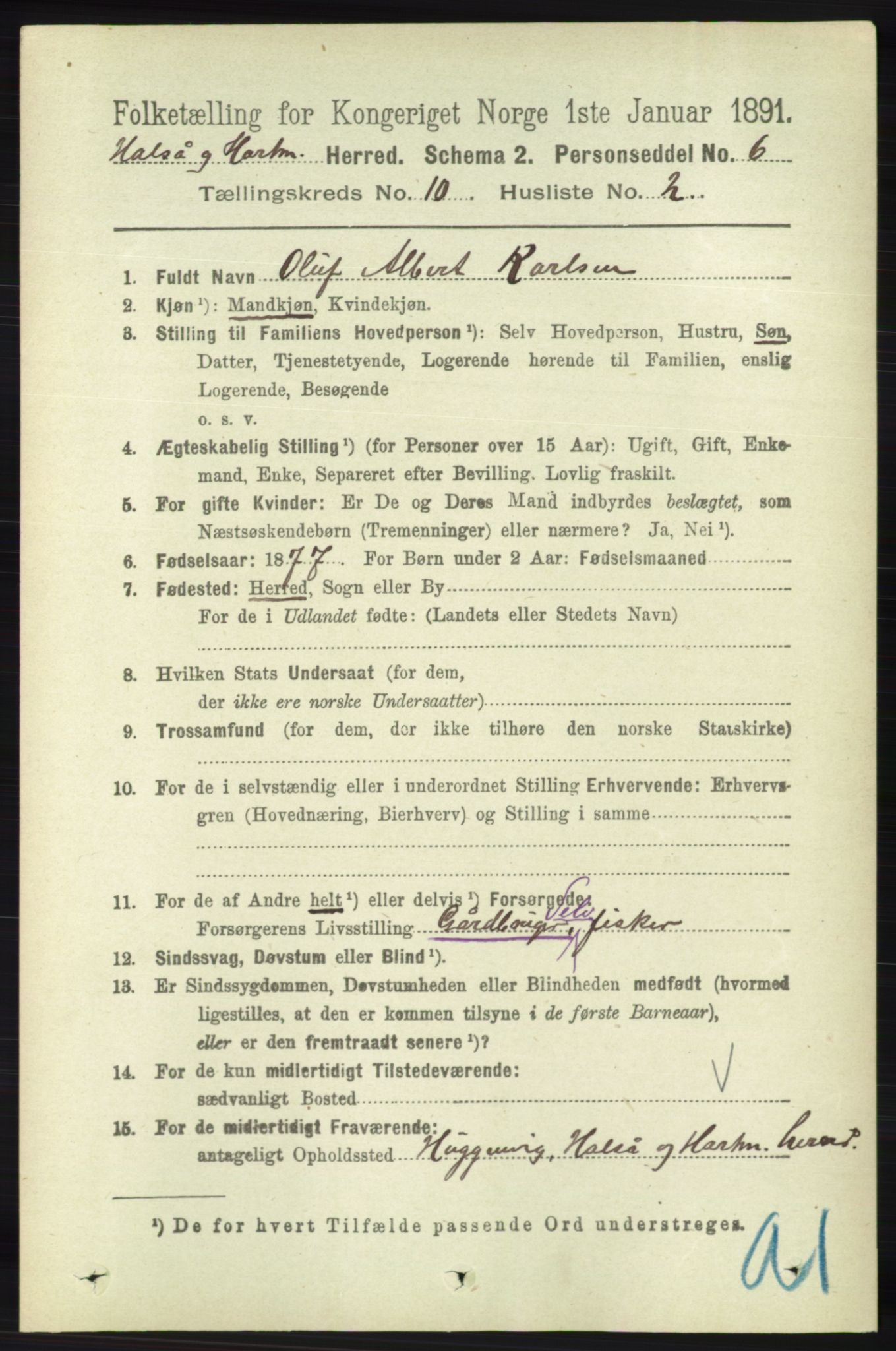 RA, 1891 census for 1019 Halse og Harkmark, 1891, p. 3782