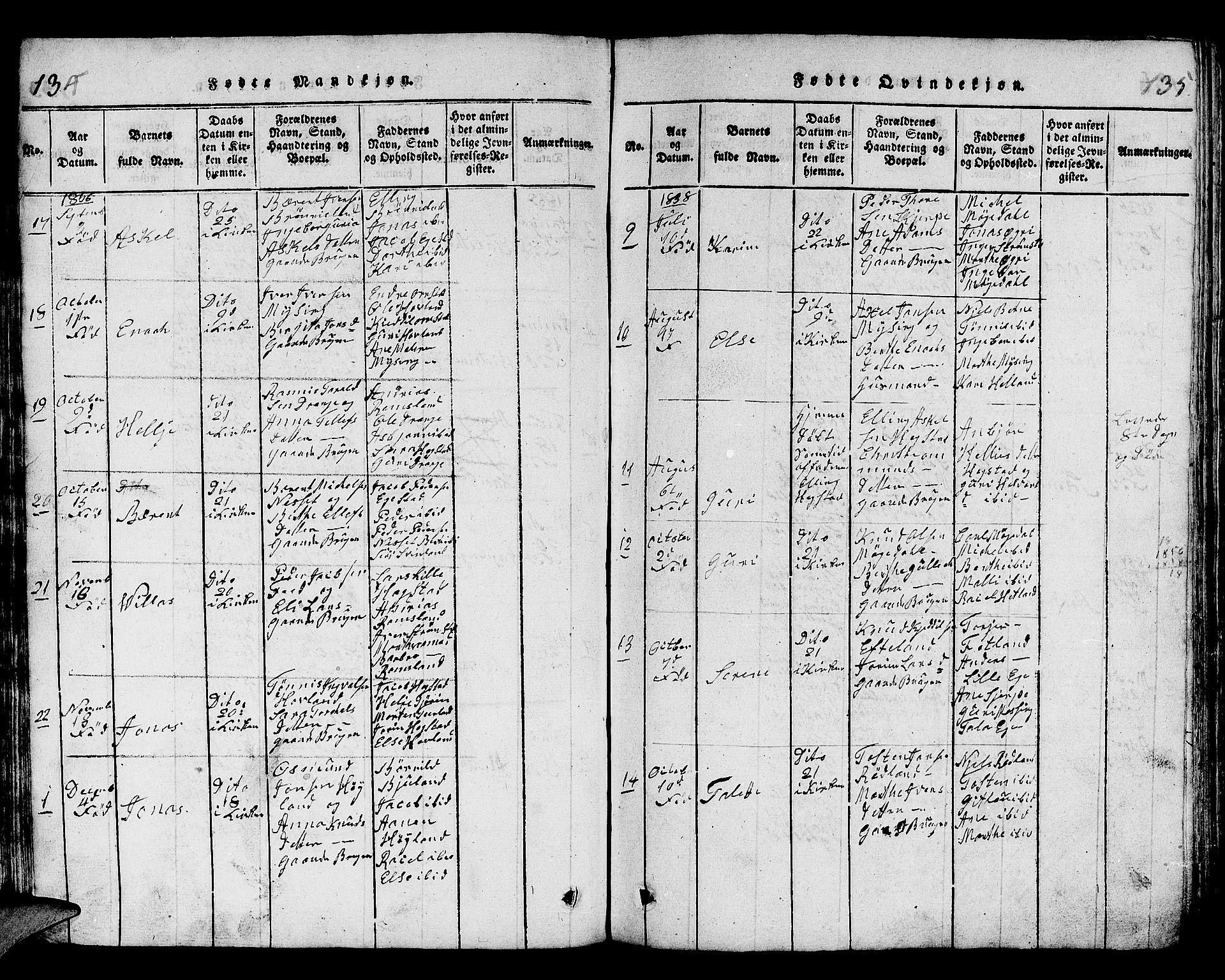 Helleland sokneprestkontor, SAST/A-101810: Parish register (copy) no. B 1, 1815-1841, p. 134-135