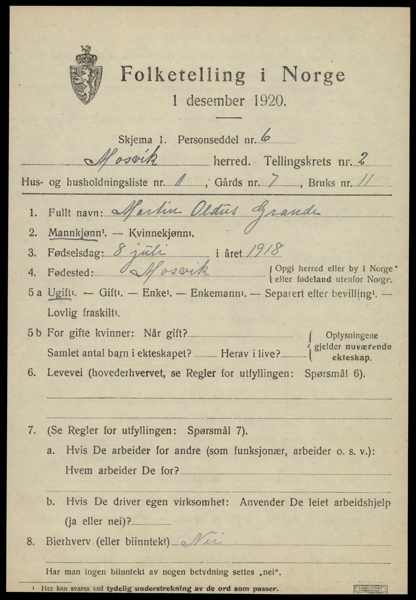 SAT, 1920 census for Mosvik, 1920, p. 572