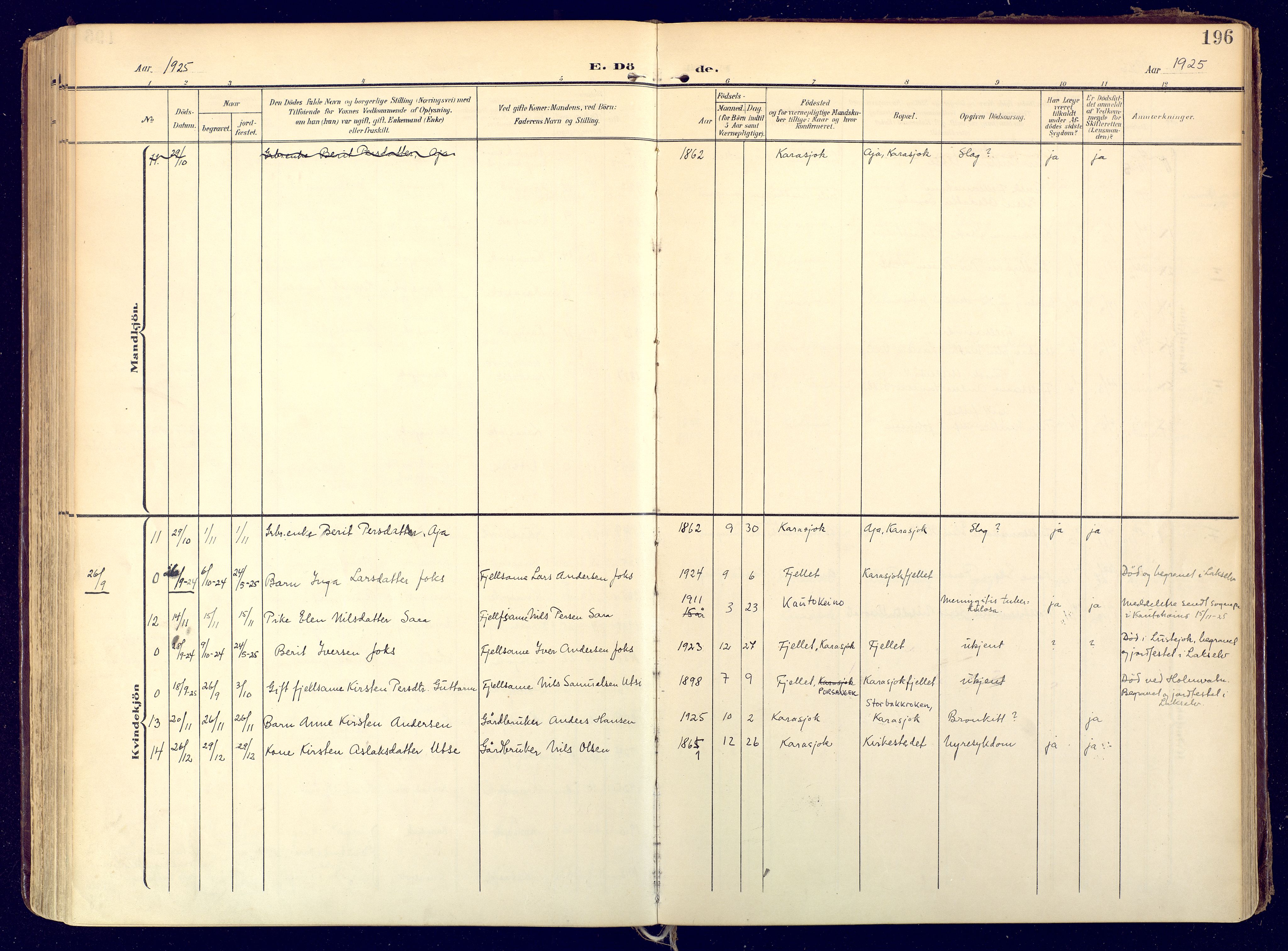 Karasjok sokneprestkontor, SATØ/S-1352/H/Ha: Parish register (official) no. 3, 1907-1926, p. 196