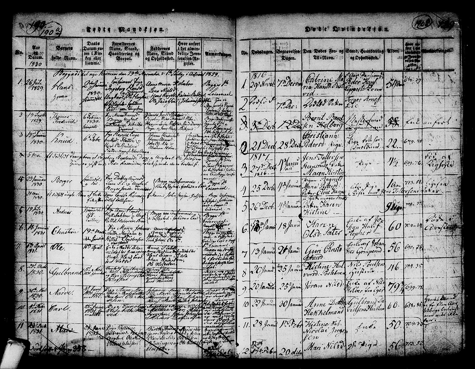 Kongsberg kirkebøker, AV/SAKO-A-22/G/Ga/L0001: Parish register (copy) no. 1, 1816-1839, p. 190-191