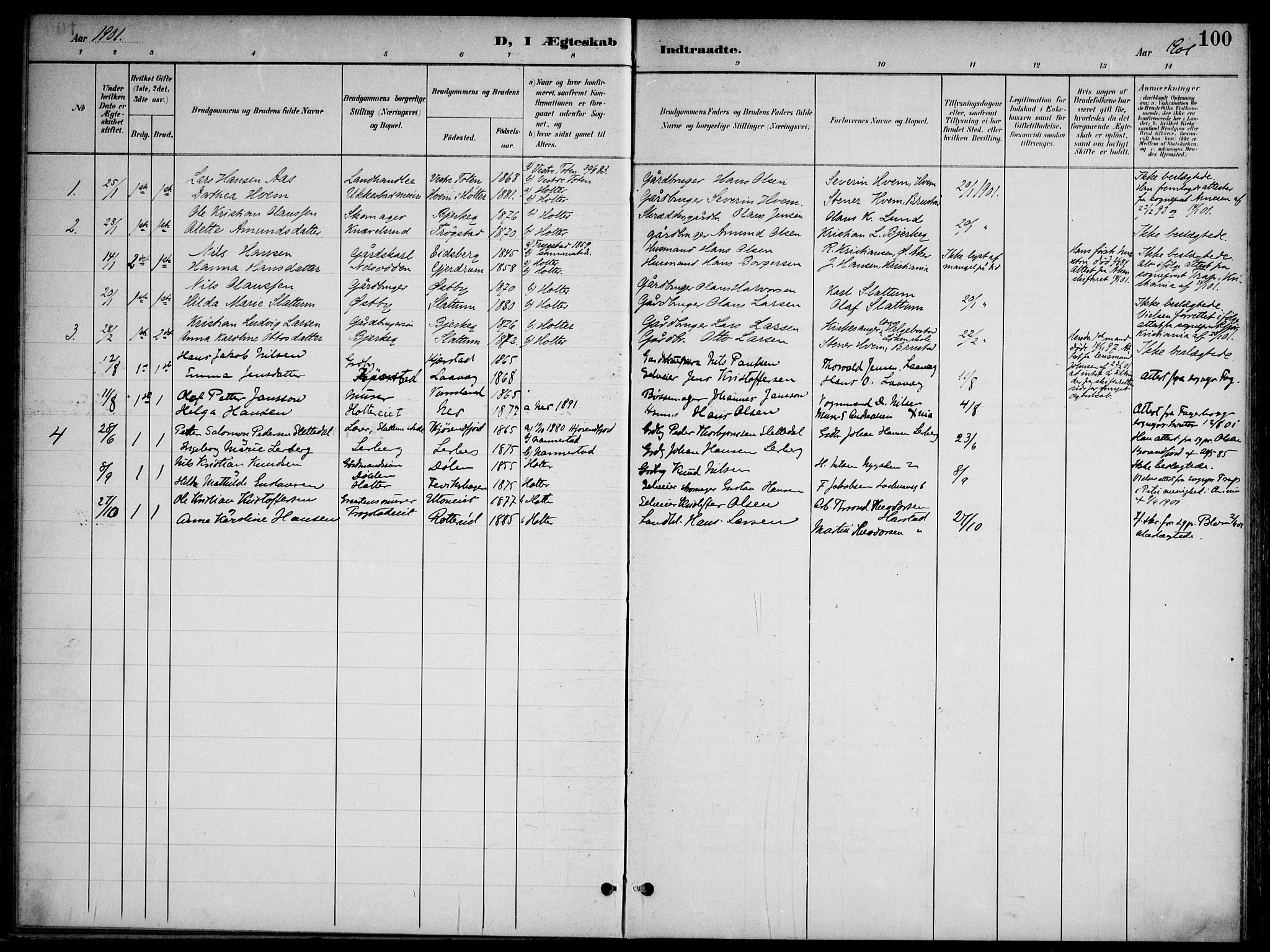 Nannestad prestekontor Kirkebøker, SAO/A-10414a/G/Gb/L0001: Parish register (copy) no. II 1, 1901-1917, p. 100
