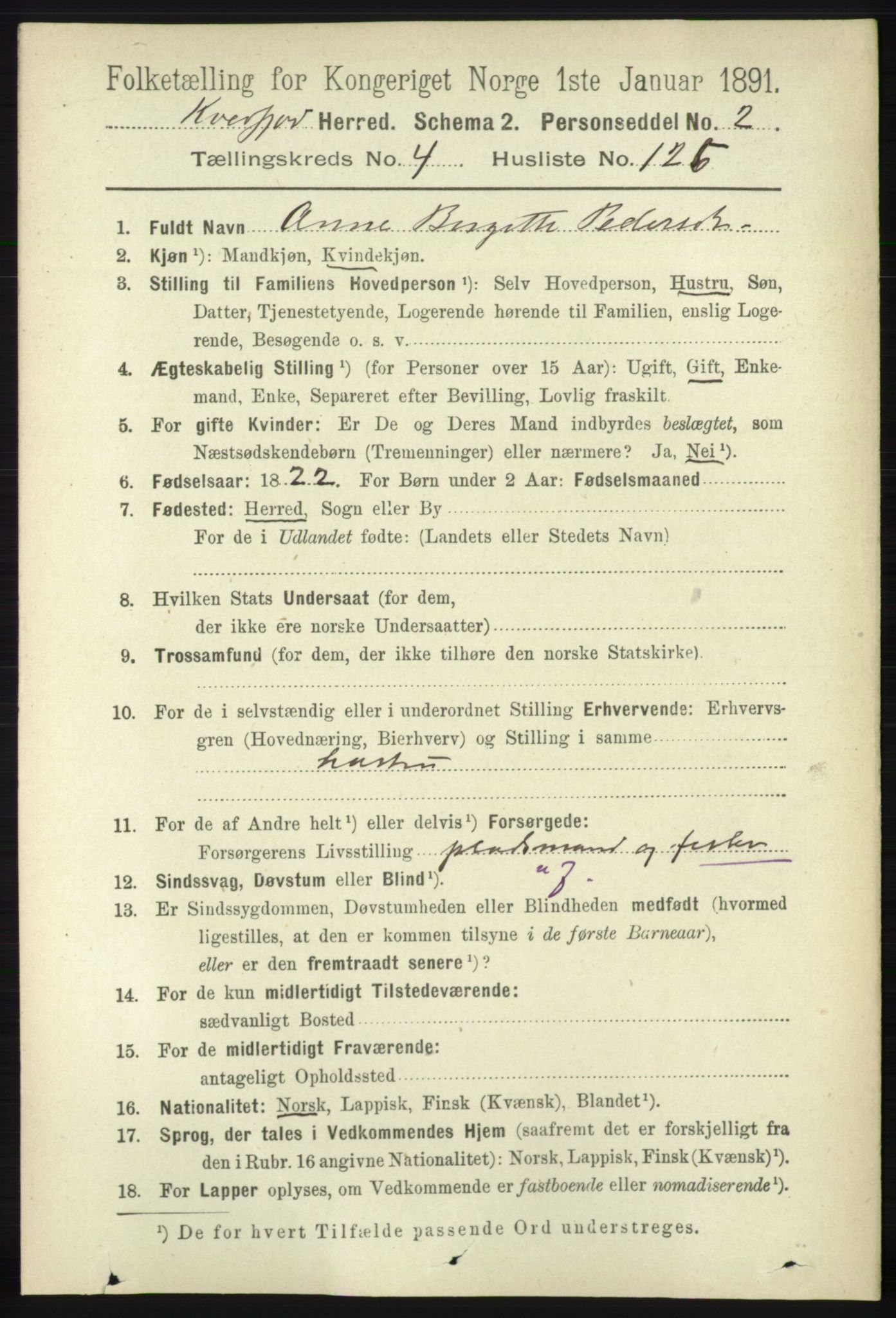 RA, 1891 census for 1911 Kvæfjord, 1891, p. 2693