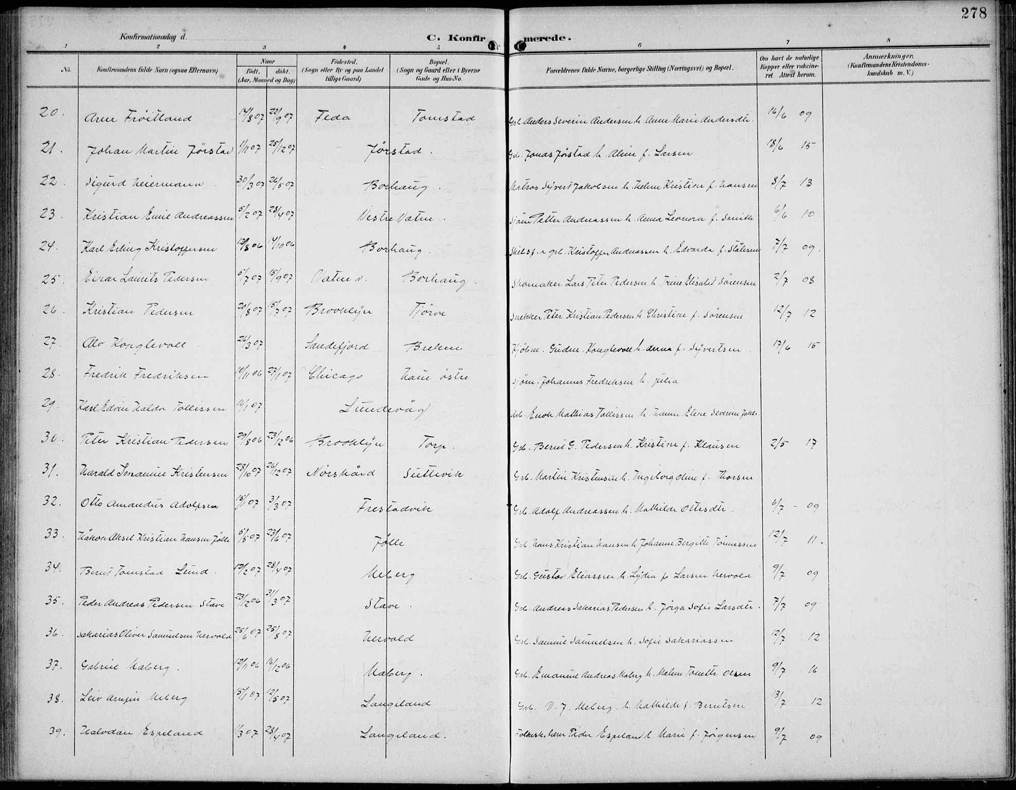 Lista sokneprestkontor, AV/SAK-1111-0027/F/Fb/L0005: Parish register (copy) no. B 5, 1892-1923, p. 278