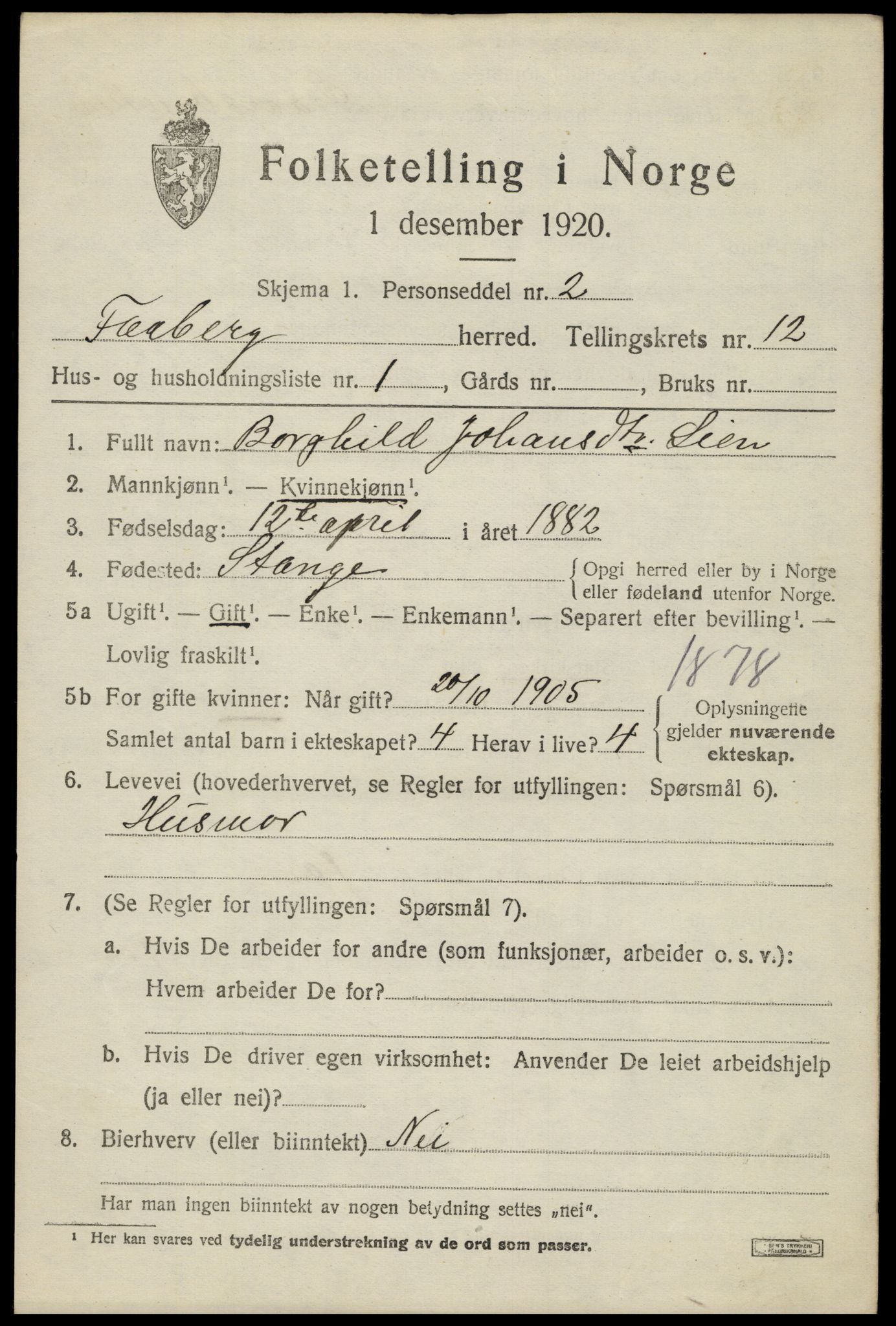 SAH, 1920 census for Fåberg, 1920, p. 12722