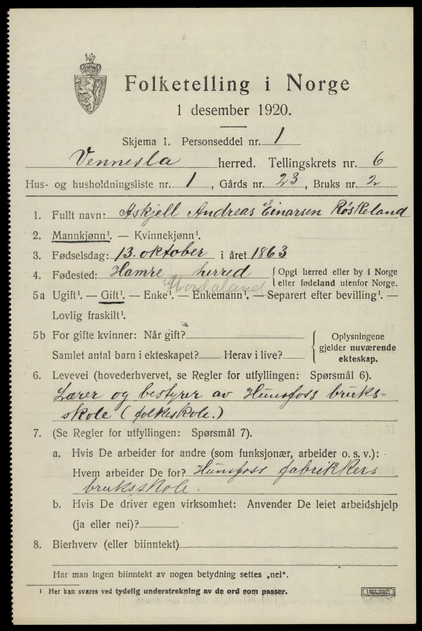 SAK, 1920 census for Vennesla, 1920, p. 4302