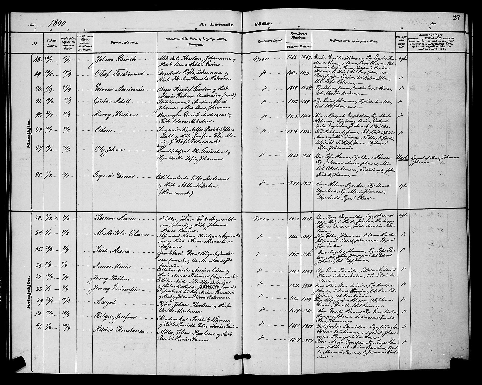 Moss prestekontor Kirkebøker, AV/SAO-A-2003/G/Ga/L0006: Parish register (copy) no. I 6, 1889-1900, p. 27