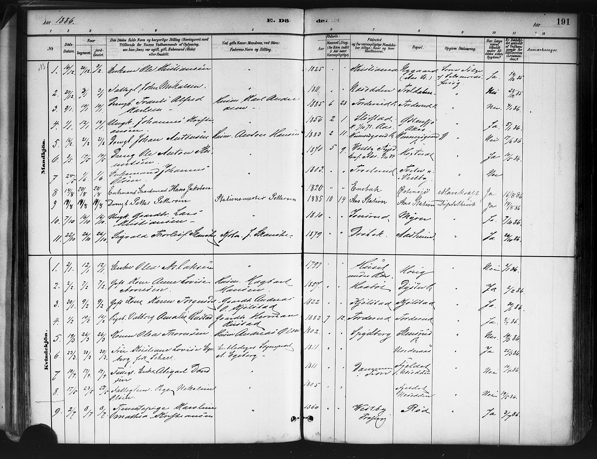 Ås prestekontor Kirkebøker, SAO/A-10894/F/Fa/L0009: Parish register (official) no. I 9, 1881-1900, p. 191