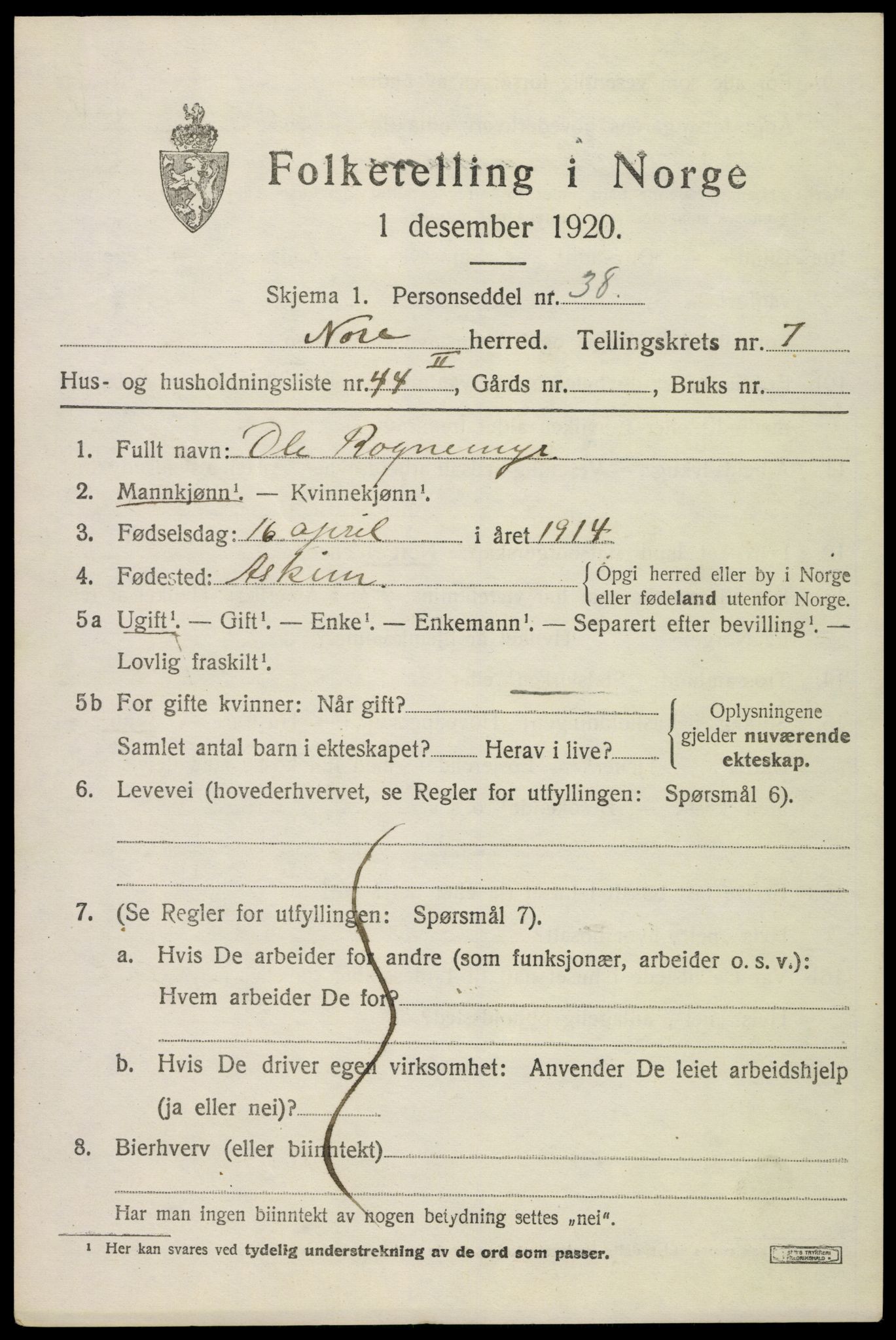 SAKO, 1920 census for Nore, 1920, p. 3642