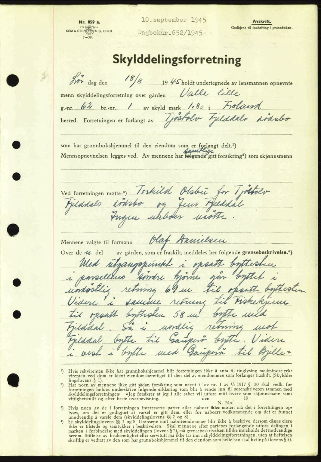 Nedenes sorenskriveri, AV/SAK-1221-0006/G/Gb/Gba/L0052: Mortgage book no. A6a, 1944-1945, Diary no: : 652/1945