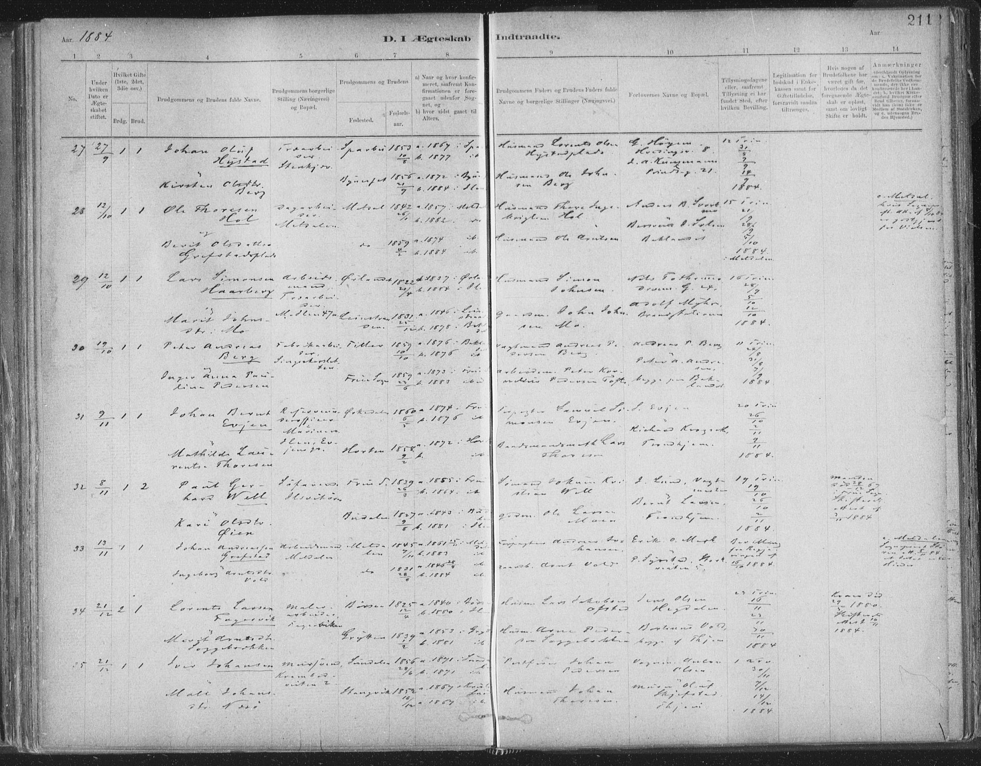 Ministerialprotokoller, klokkerbøker og fødselsregistre - Sør-Trøndelag, SAT/A-1456/603/L0162: Parish register (official) no. 603A01, 1879-1895, p. 211