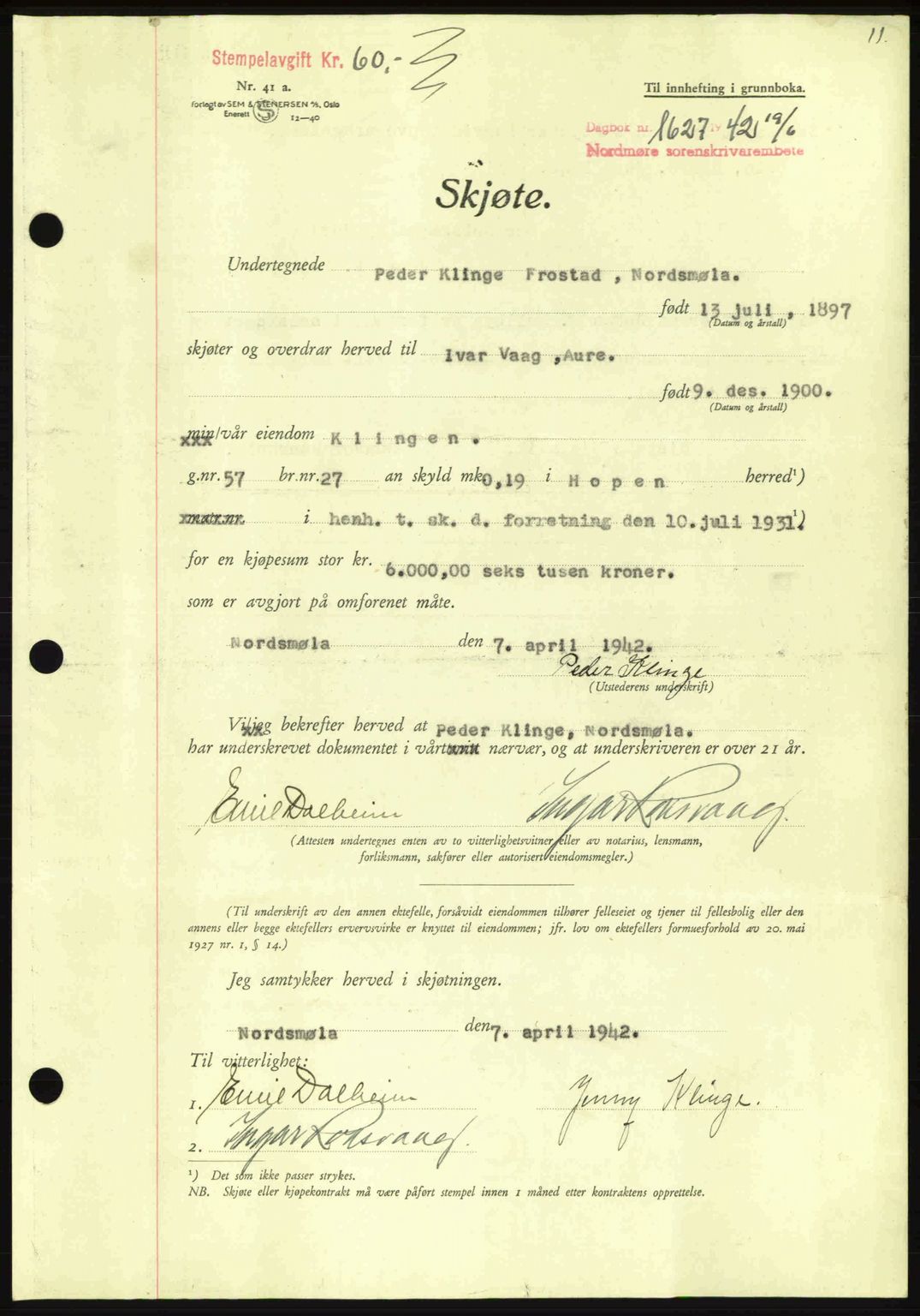 Nordmøre sorenskriveri, AV/SAT-A-4132/1/2/2Ca: Mortgage book no. A93, 1942-1942, Diary no: : 1627/1942